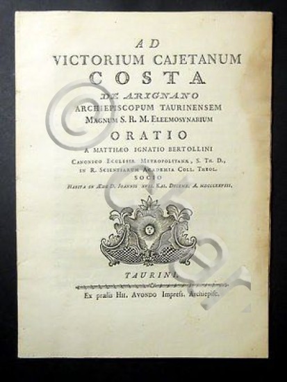 Documento Vittorio Gaetano Costa d'Arignano Orazione - Torino 1778