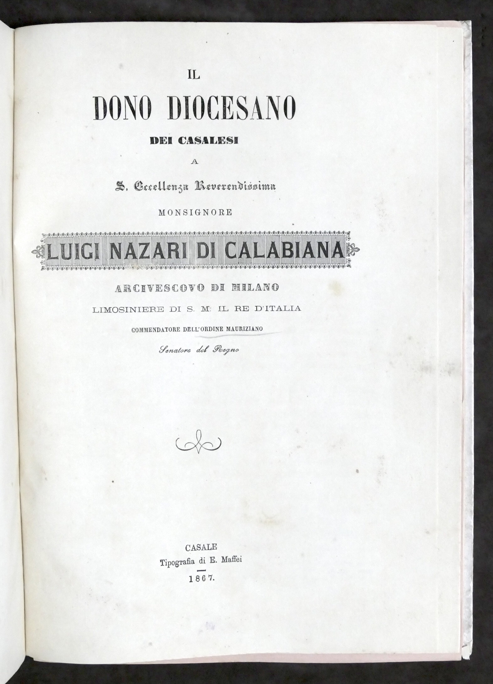 Dono diocesano dei casalesi a Mons. Luigi Nazari di Calabiana …