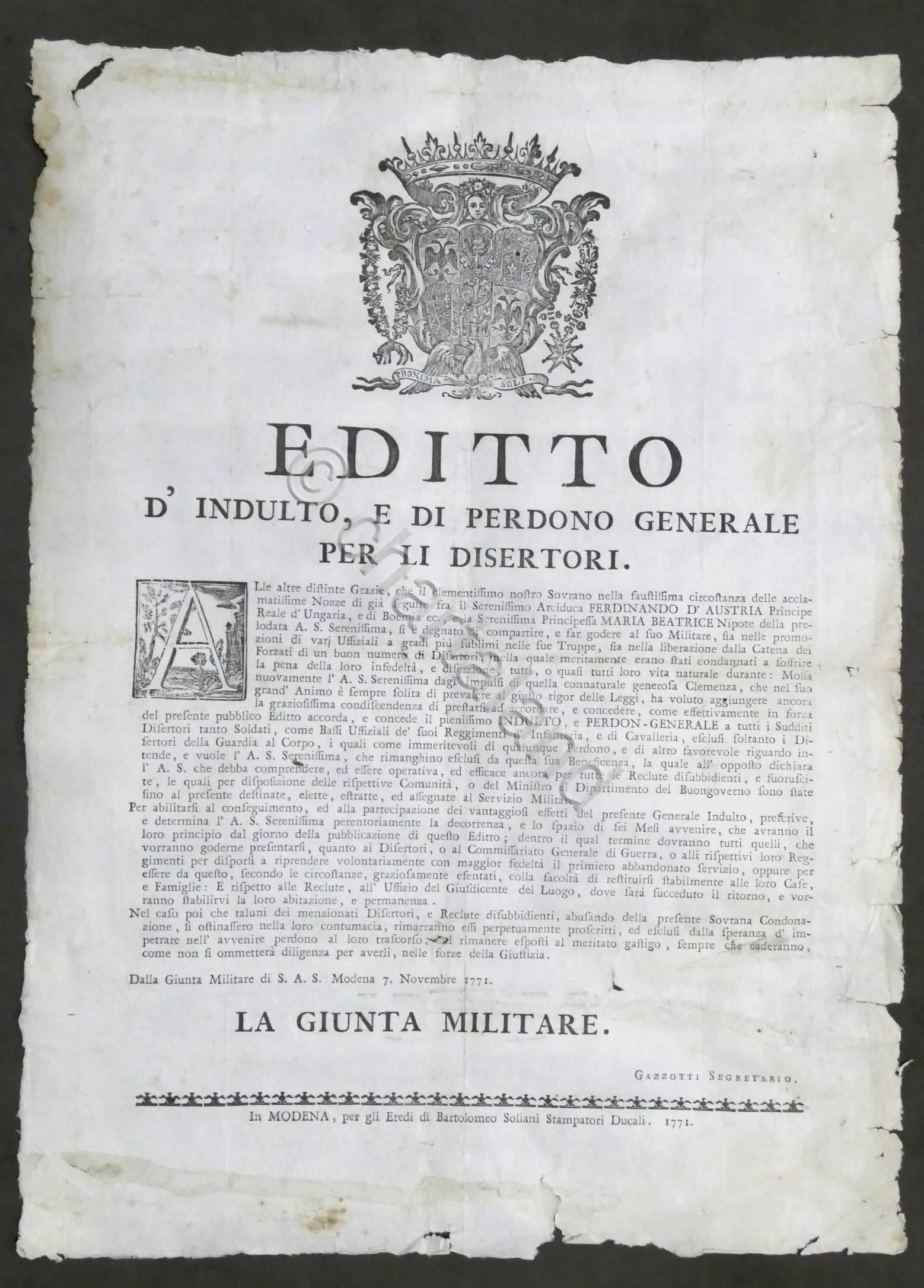 Editto d'indulto e di perdono per i disertori - Giunta …