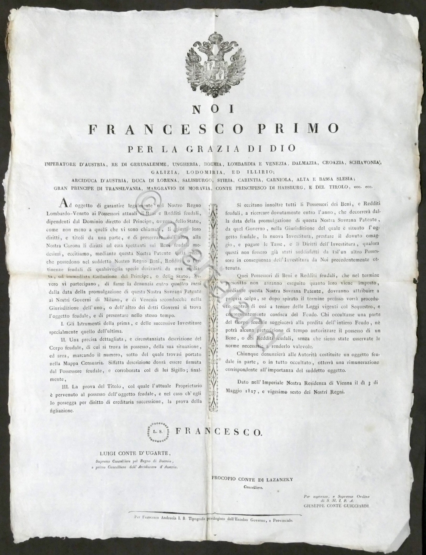 Editto Impero d'Austria - Editto su Beni e Redditi Feudali …