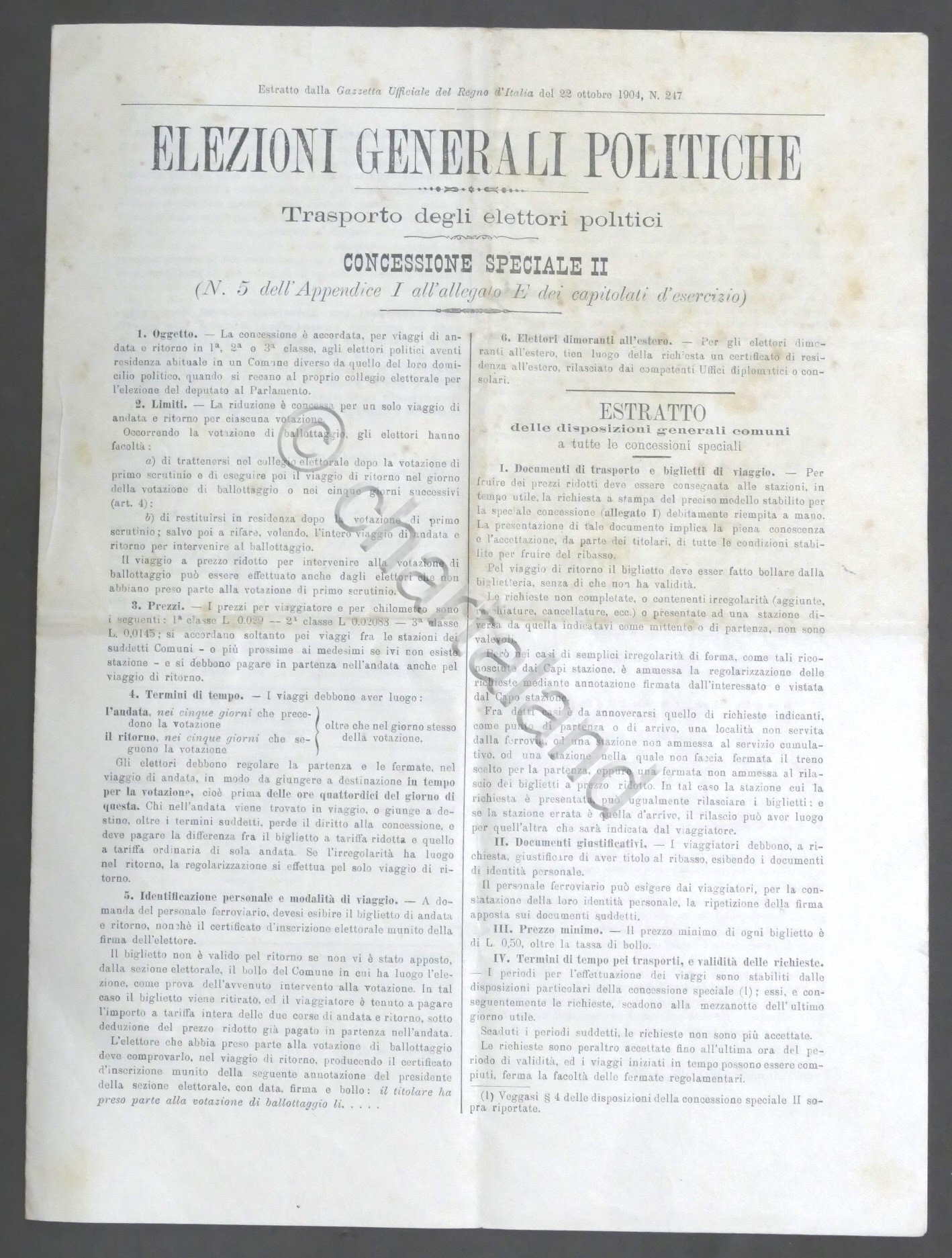 Elezioni generali Politiche Trasporto degli Elettori - Concessione speciale 1904