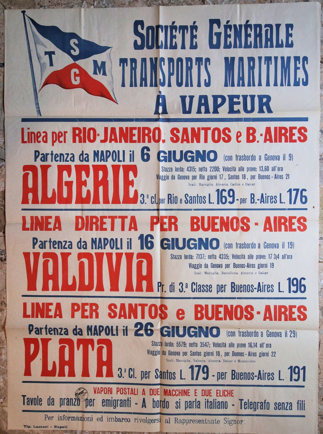 Emigrazione Sud America - Manifesto Societè Transports Maritimes - anni …