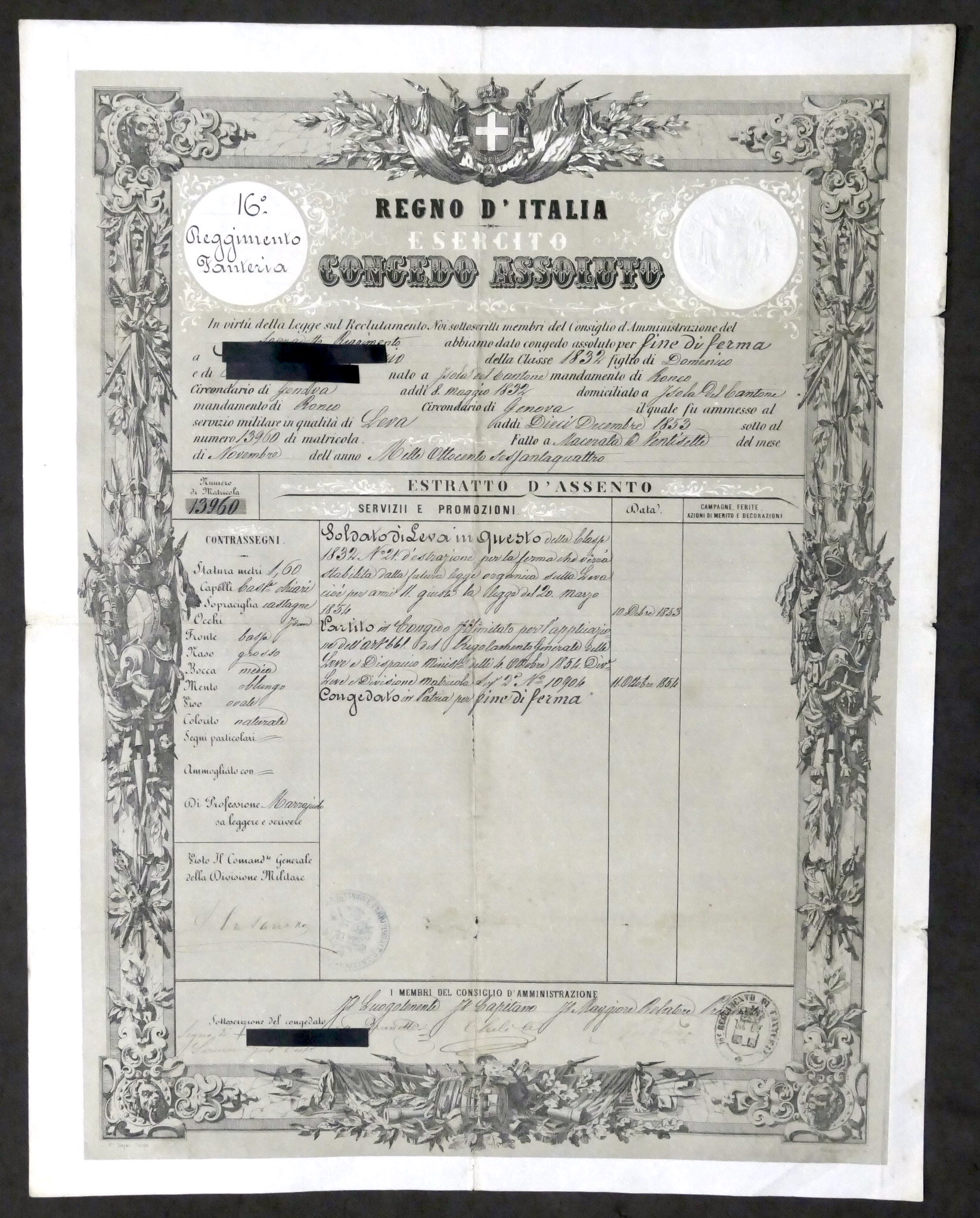 Esercito Regno d'Italia - Foglio di Congedo Assoluto - 16° …