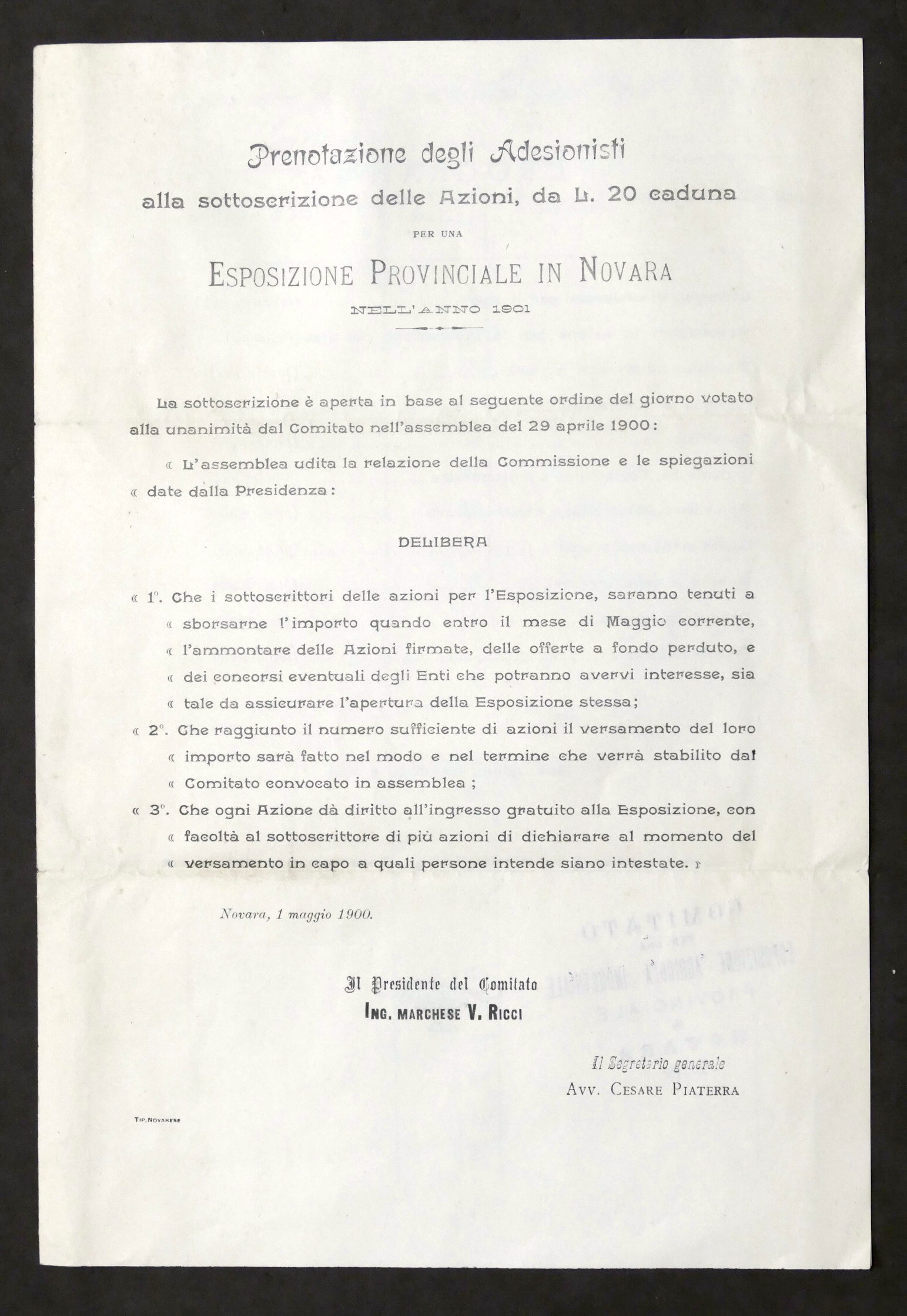 Esposizione Provinciale Novara - Scheda Prenotazione Azioni - Sella - …