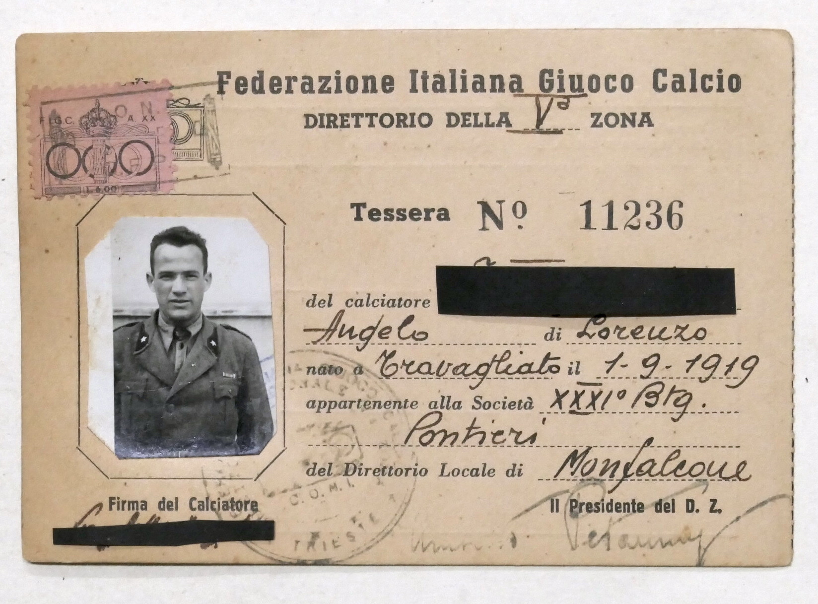 F.I.G.C. - Tessera Calciatore - Soc. 31° Btg. Pontieri - …