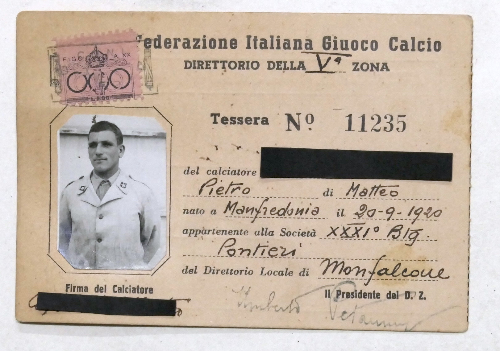 F.I.G.C. - Tessera Calciatore Soc. 31° Btg. Pontieri Monfalcone 1941 …