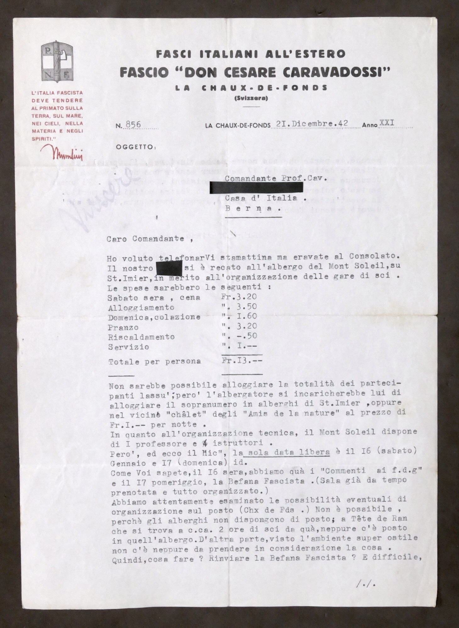 Fasci Italiani all'Estero Lettera dattiloscritta La Chaux-de-Fonds Svizzera 1942