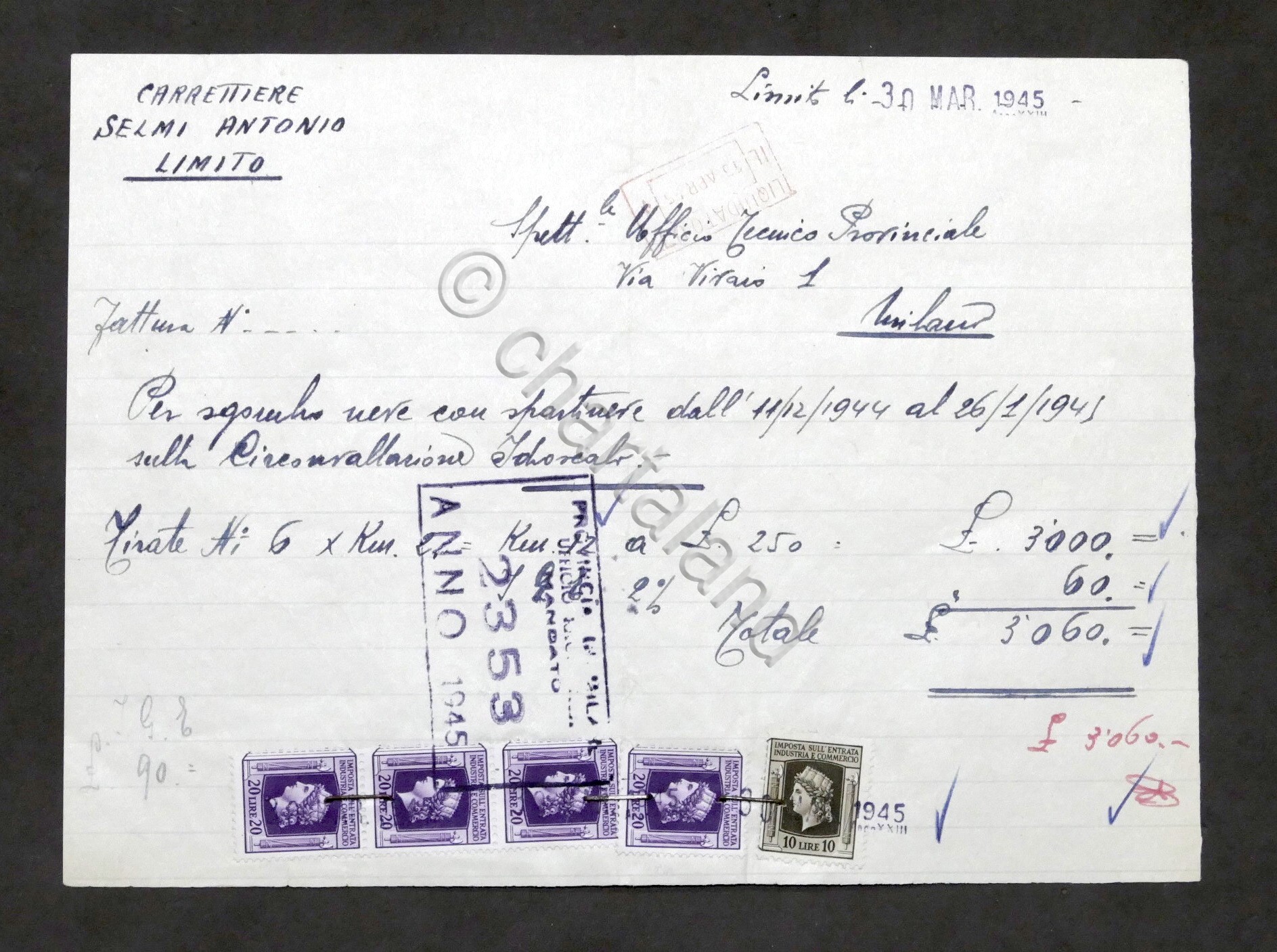 Fattura Carrettiere Selmi Antonio - Sgombero neve Idroscalo Milano - …