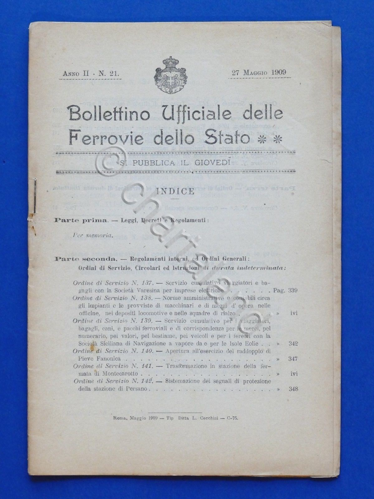 Ferrovie - Bollettino 27 Maggio 1909 - Leggi, decreti, regolamenti, …