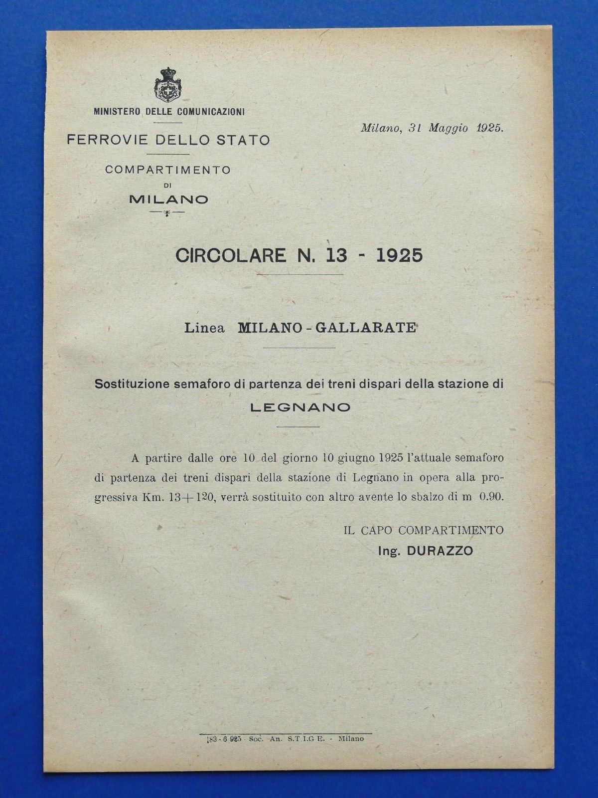 Ferrovie - Circolare N° 13 - 1925 Linea Milano Gallarate …