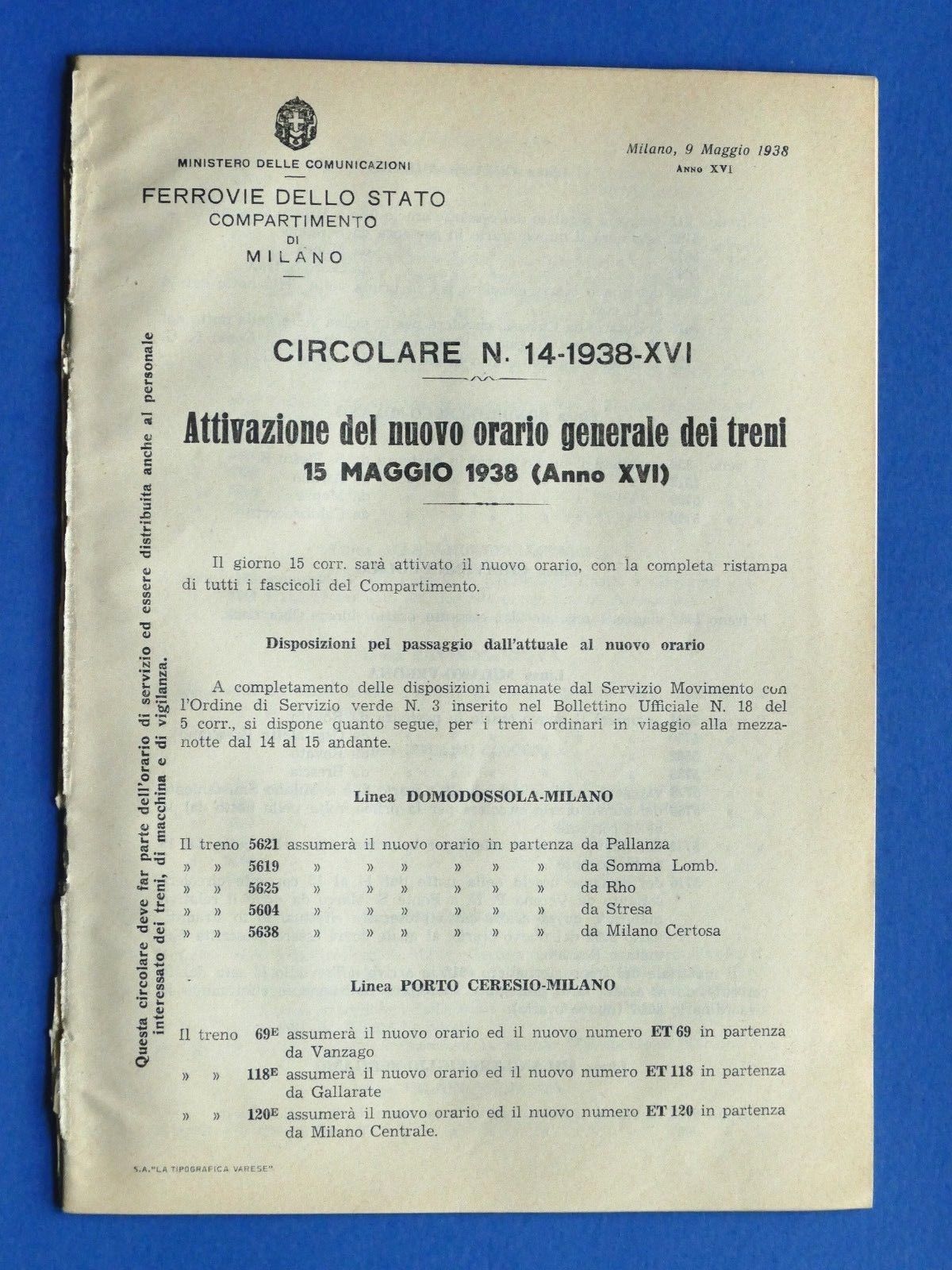 Ferrovie - Circolare N° 14 - 1938 Attivazione Nuovo Orario …