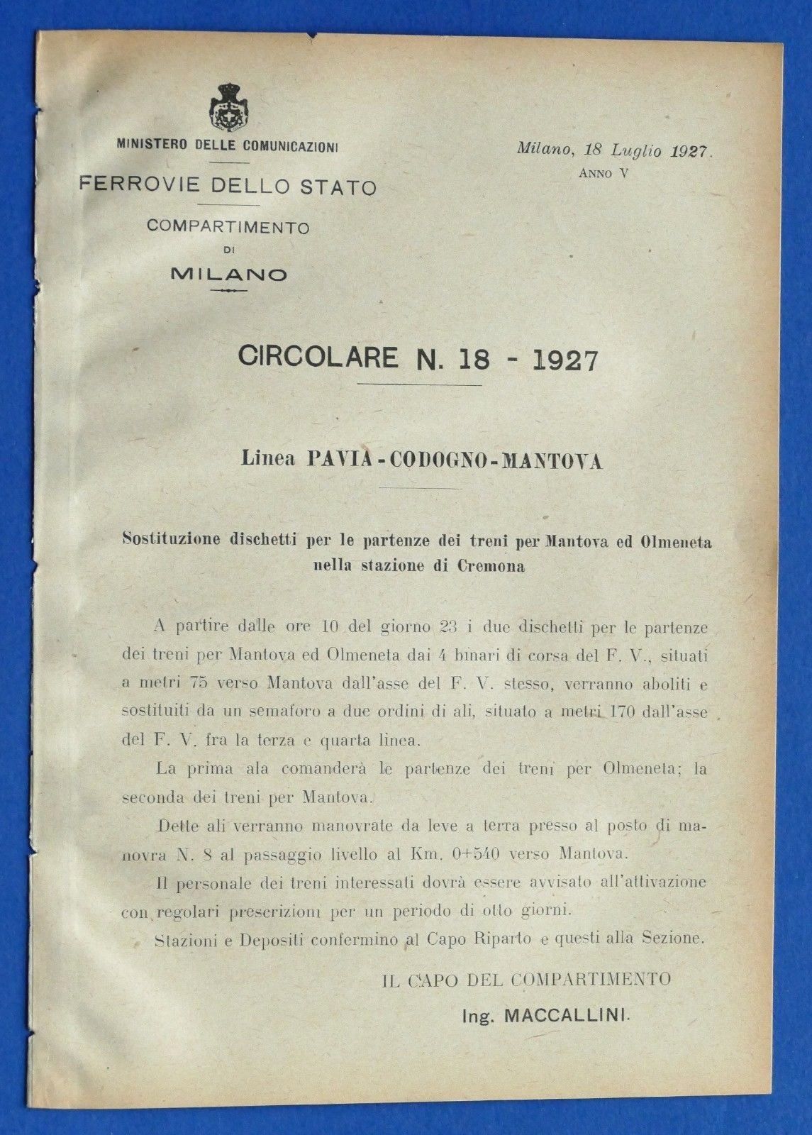 Ferrovie - Circolare N° 18 - 1927 - Linea Pavia …