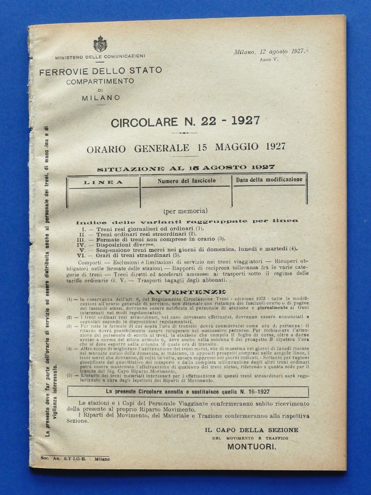 Ferrovie - Circolare N° 22 - 1927 Orario Generale - …