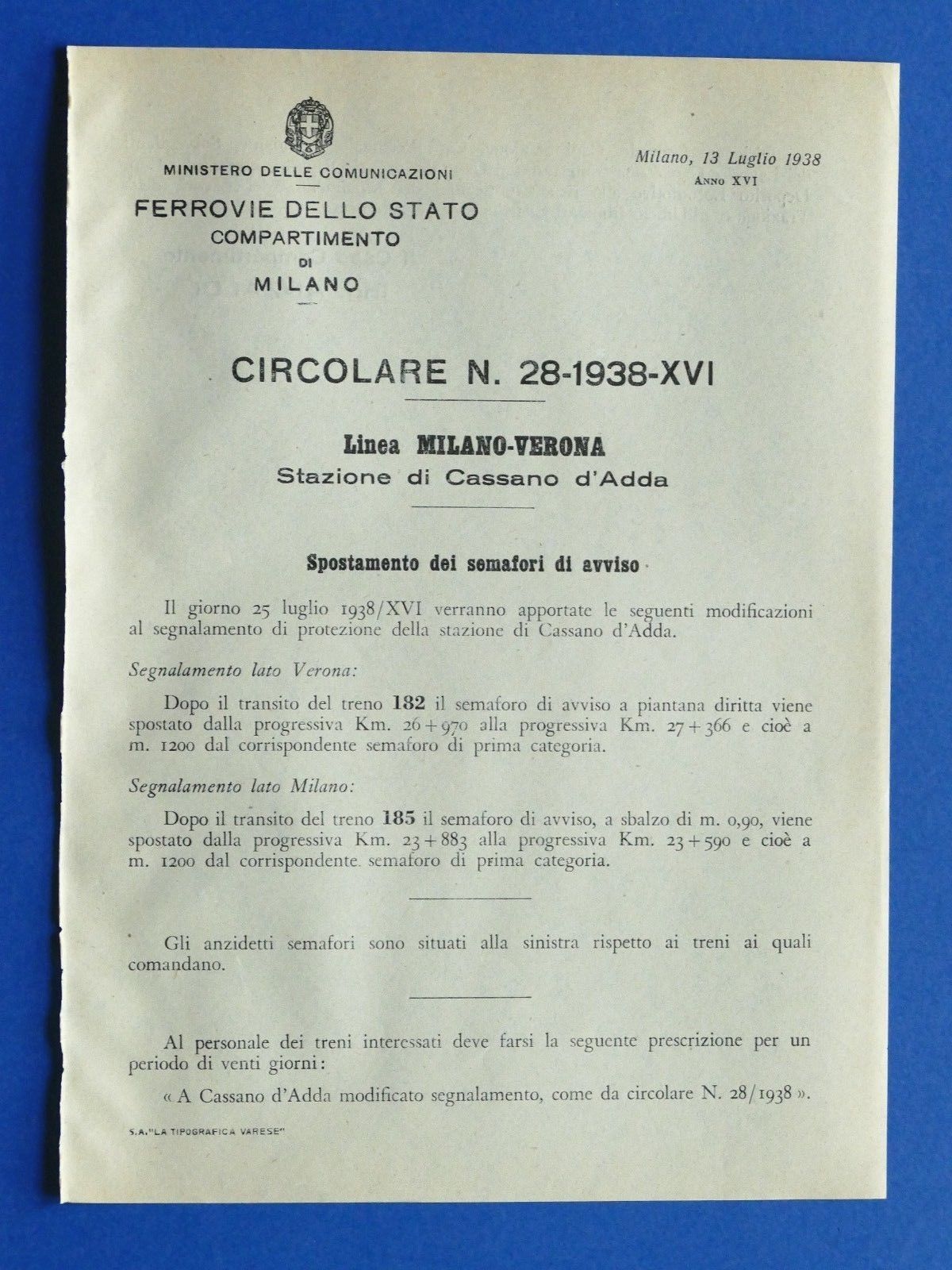 Ferrovie - Circolare N° 28 - 1938 Linea Milano Verona …