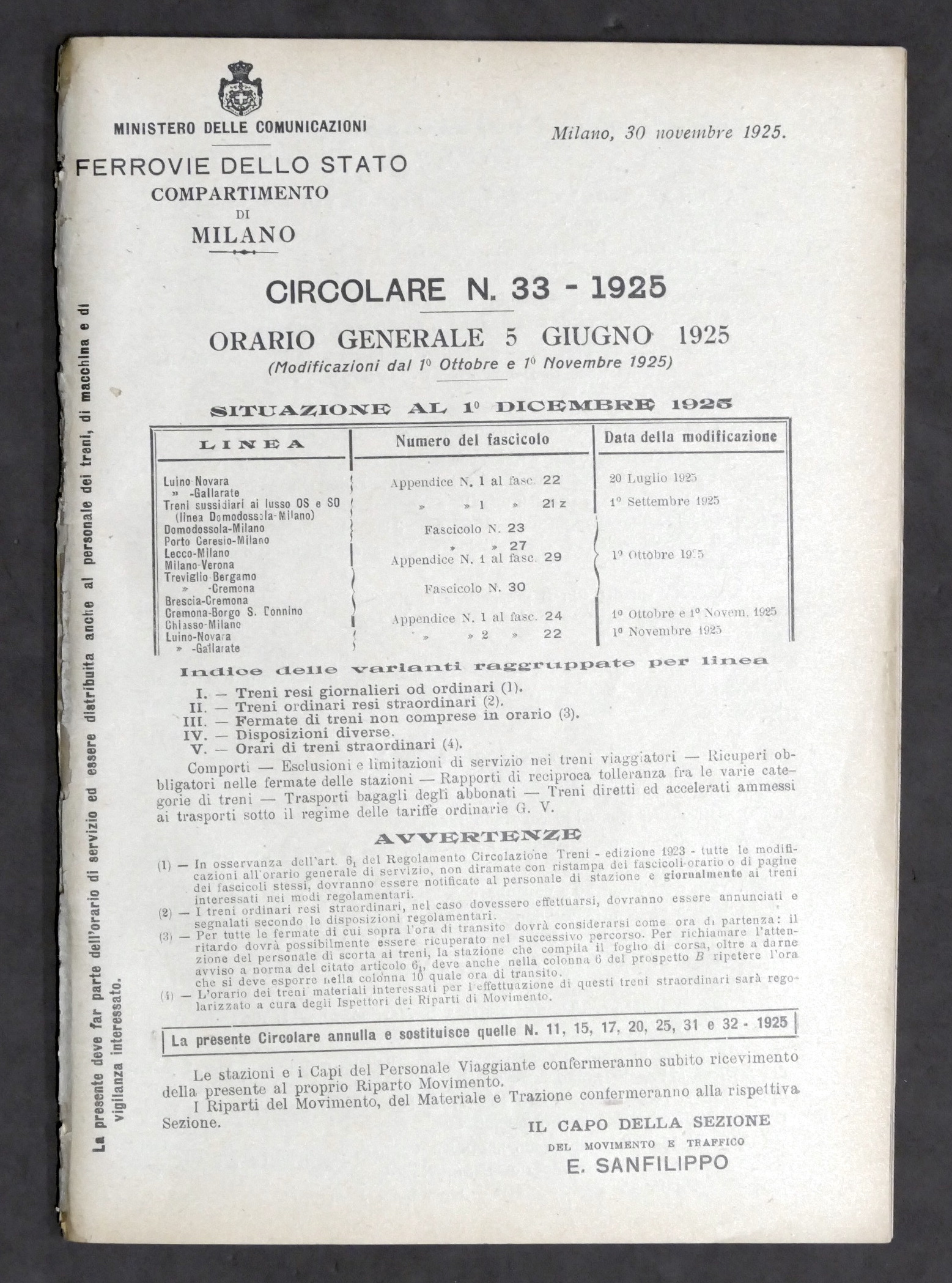 Ferrovie - Circolare N° 33 - 1925 Orario Generale Situazione …