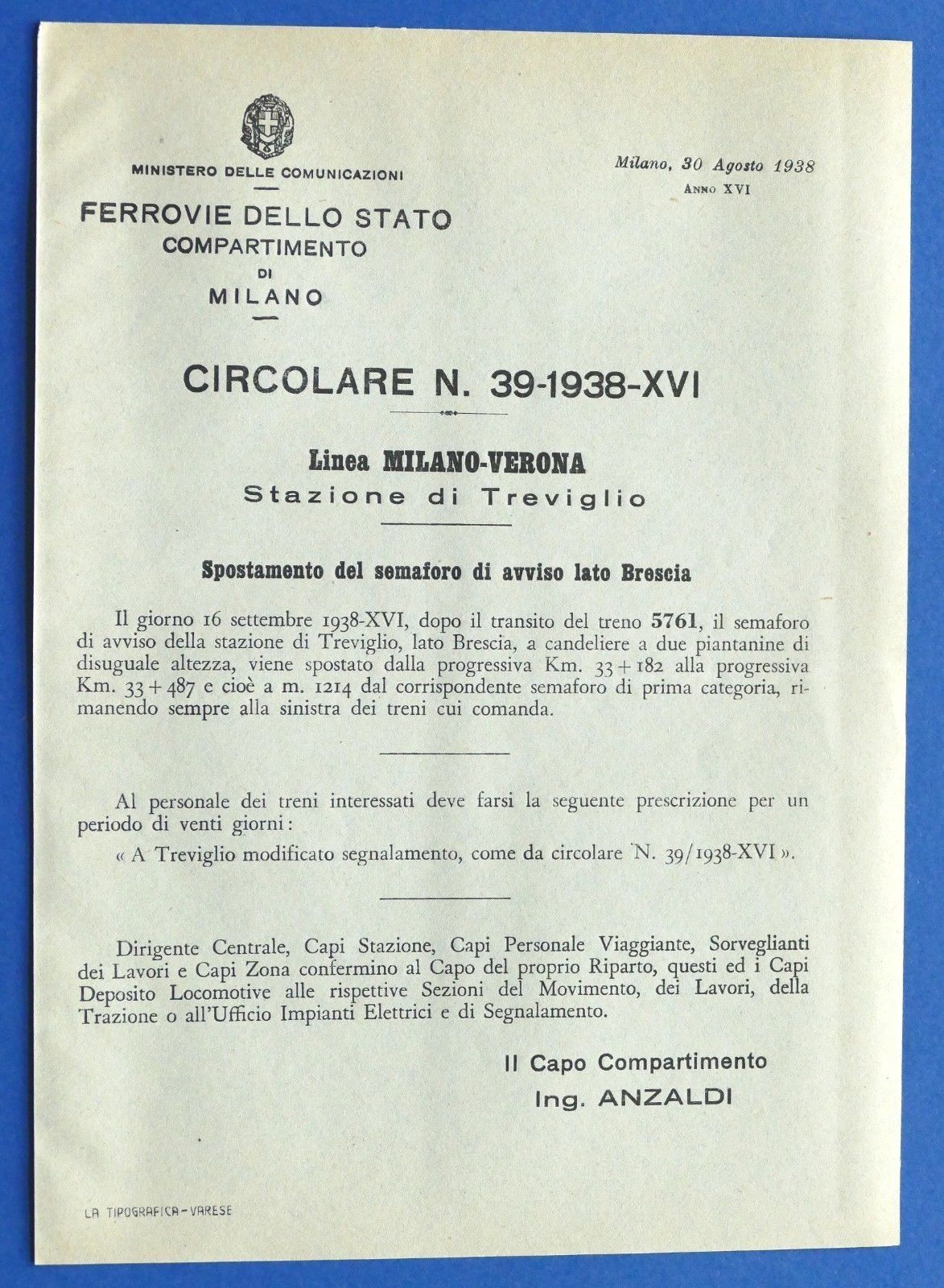 Ferrovie - Circolare N° 39 - 1938 - Stazione di …