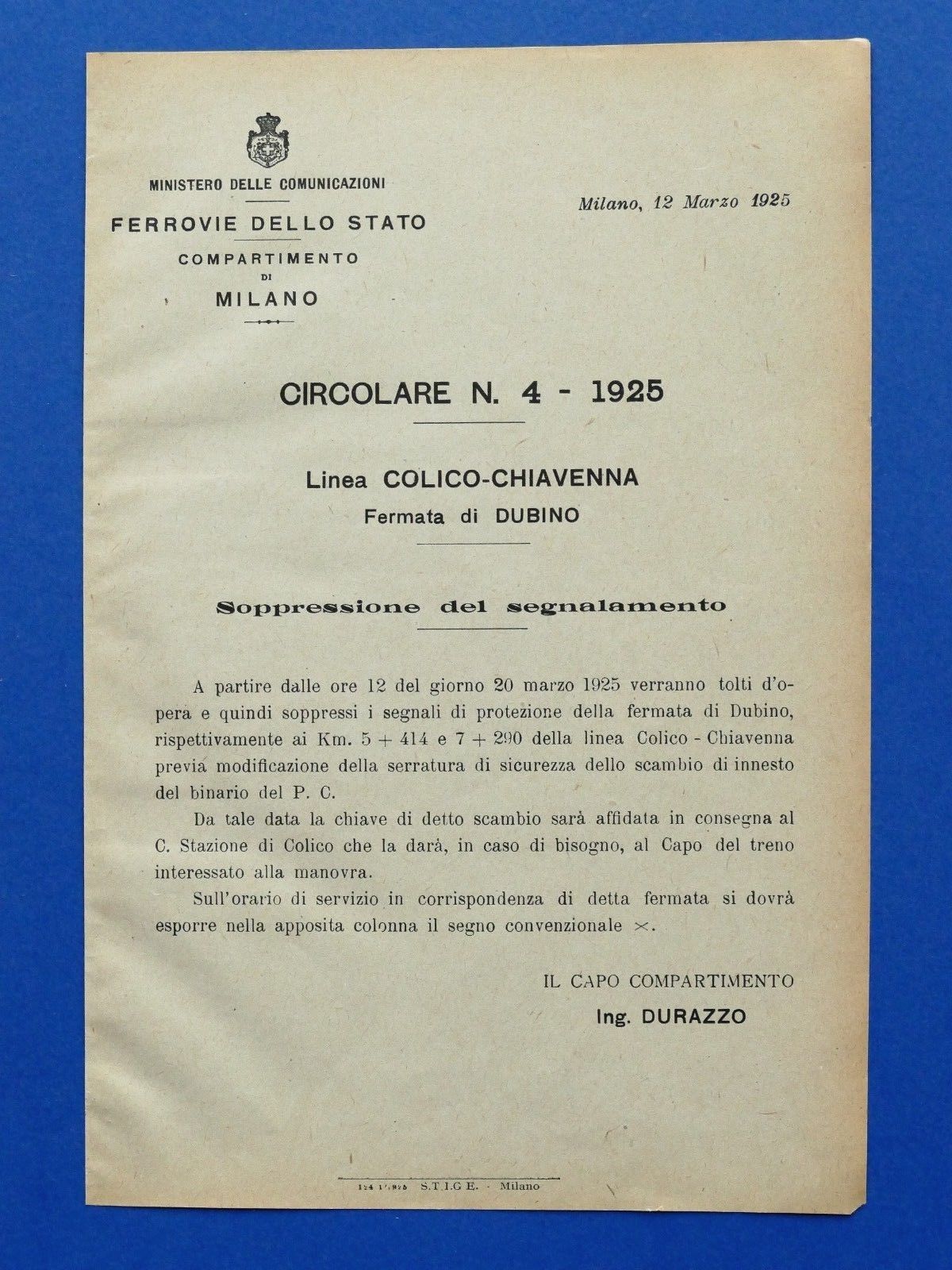 Ferrovie - Circolare N° 4 - 1925 - Linea Colico …