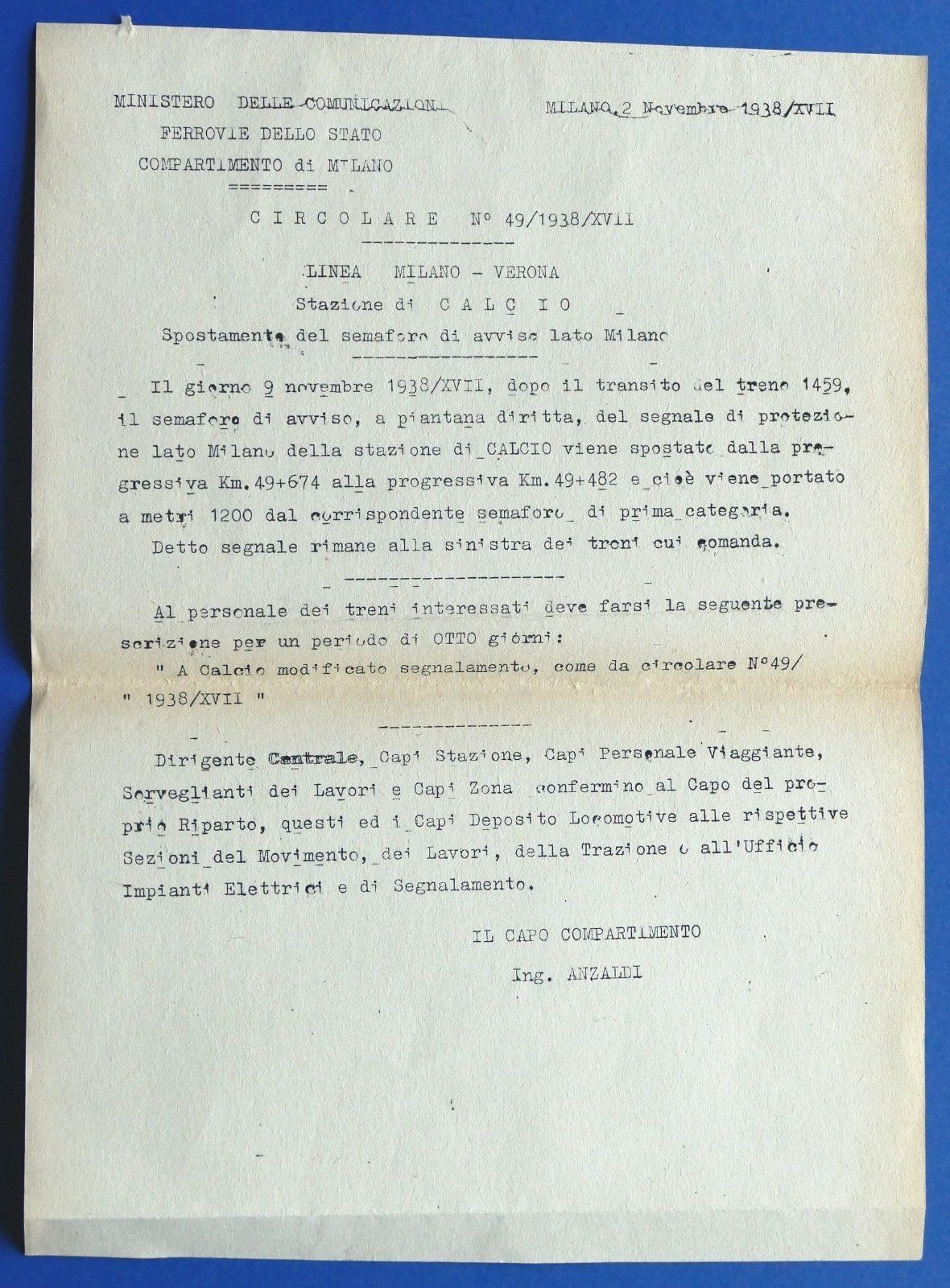 Ferrovie - Circolare N° 49 - 1938 - Stazione di …