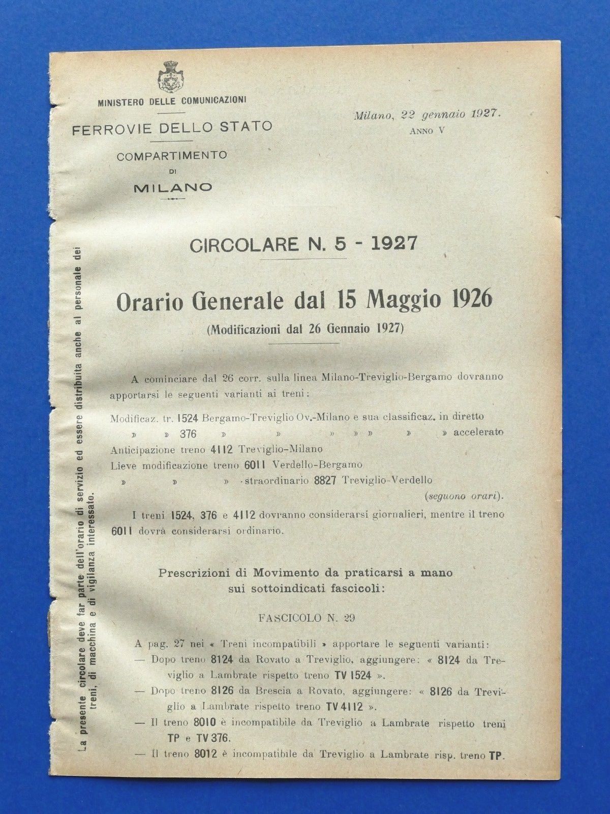 Ferrovie - Circolare N° 5 - 1927 Orario Modificazioni dal …