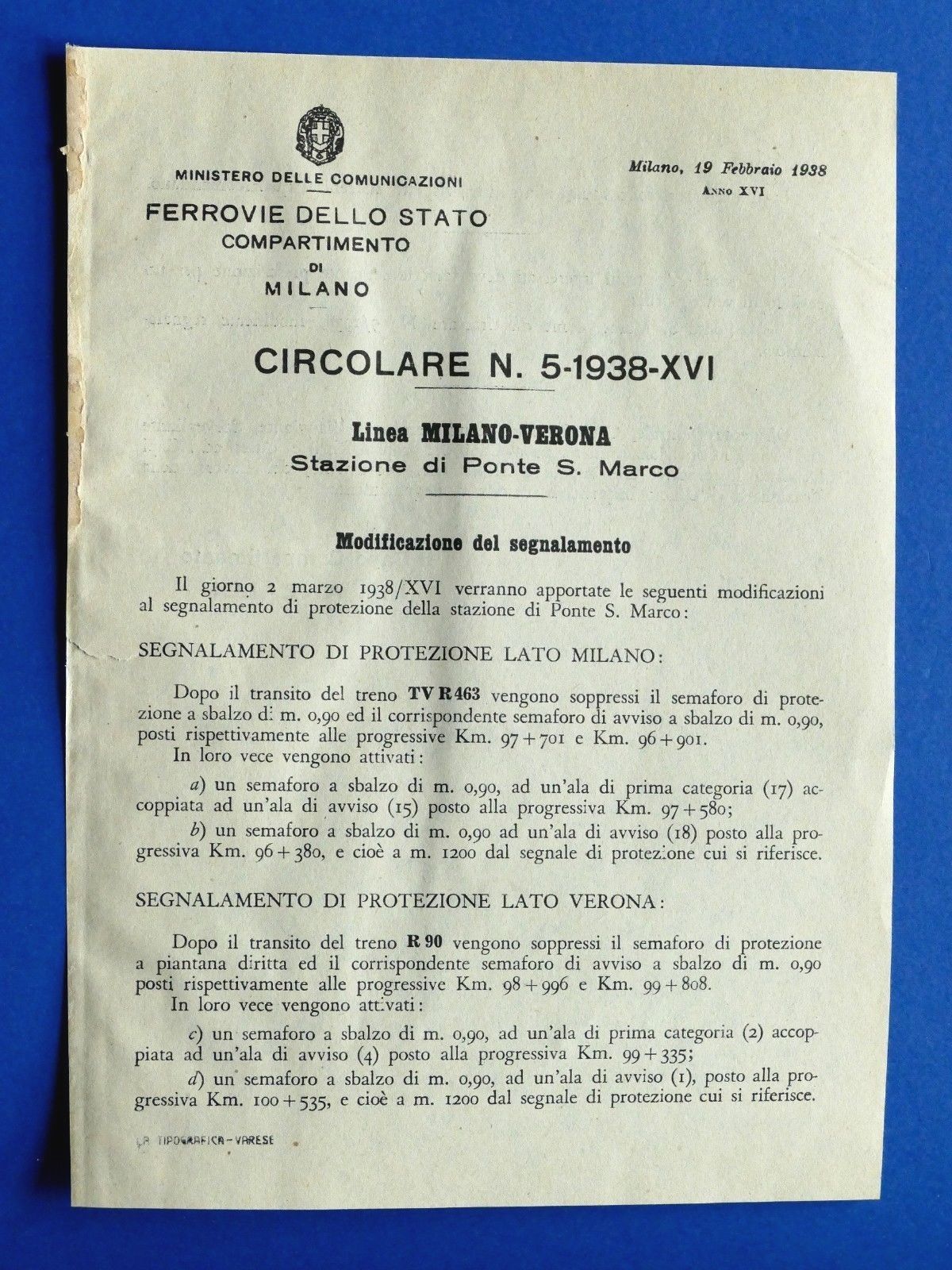 Ferrovie - Circolare N° 5 - 1938 - Linea Milano …