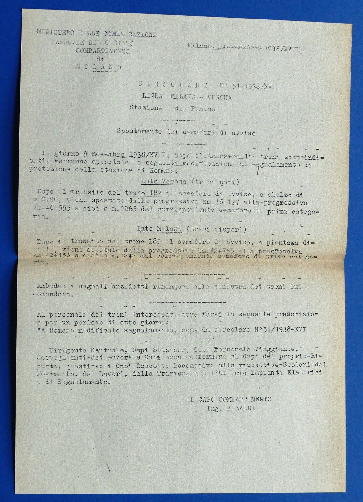 Ferrovie - Circolare N° 51 - 1938 - Stazione di …