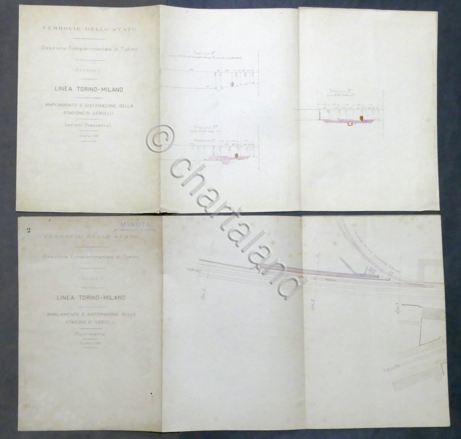 Ferrovie Ampliamento Stazione Vercelli - Sezioni trasversali e planimetria 1930