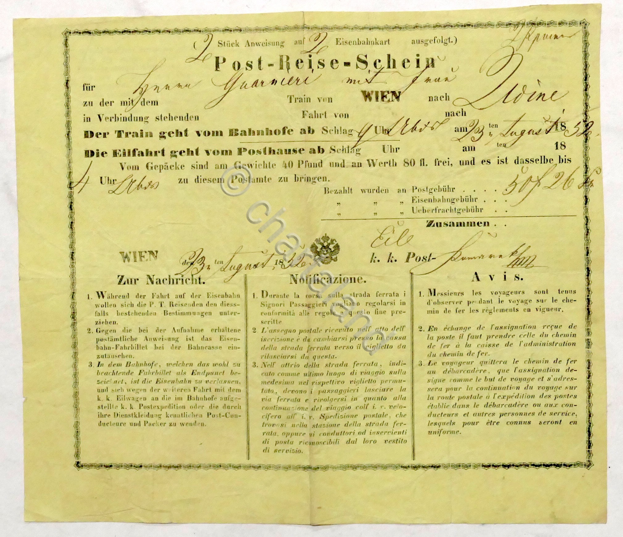 Ferrovie Austria - Ricevuta biglietto viaggio postale - 1832