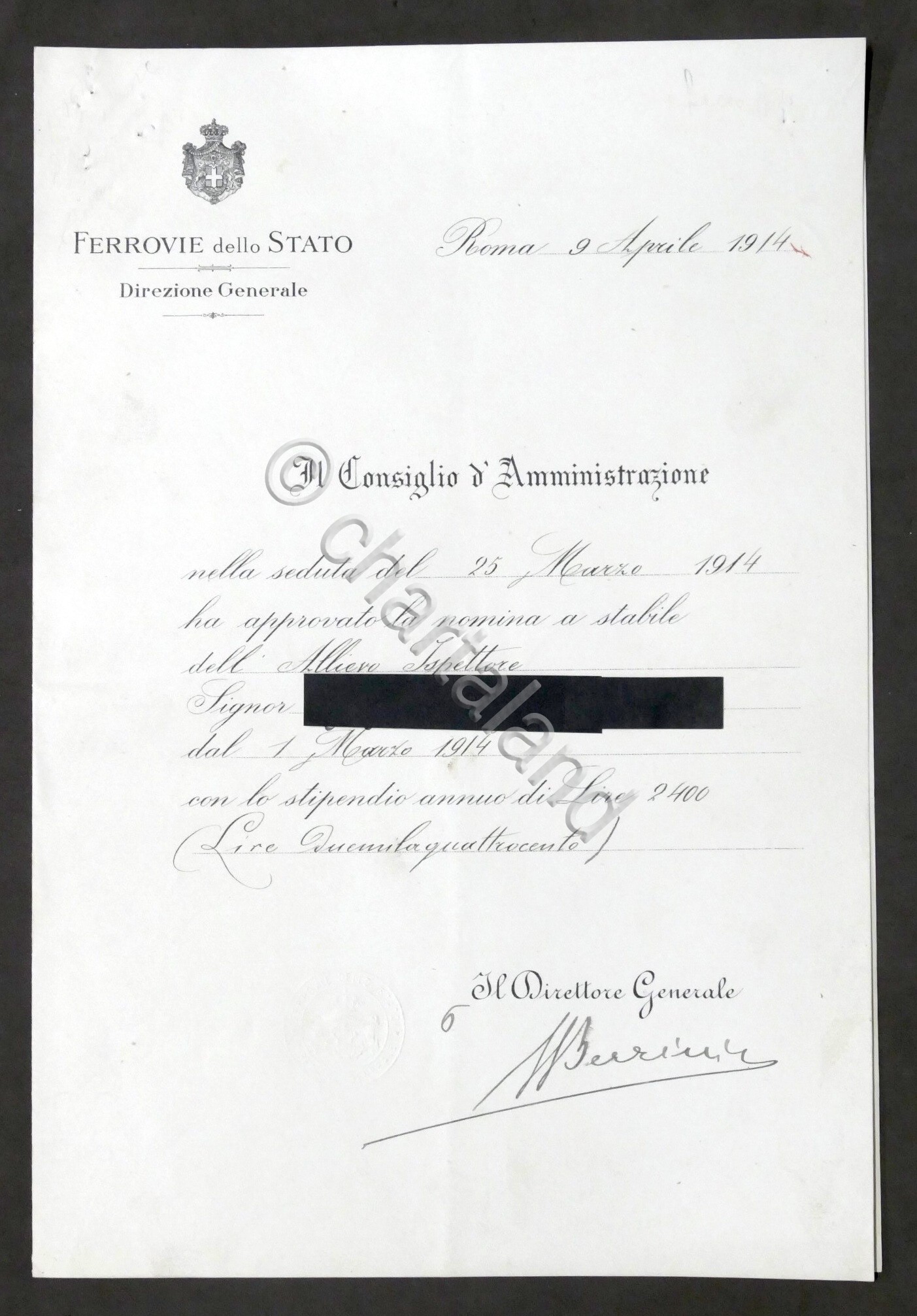 Ferrovie Stato - Direzione Generale - Attestato Nomina Allievo Ispettore …