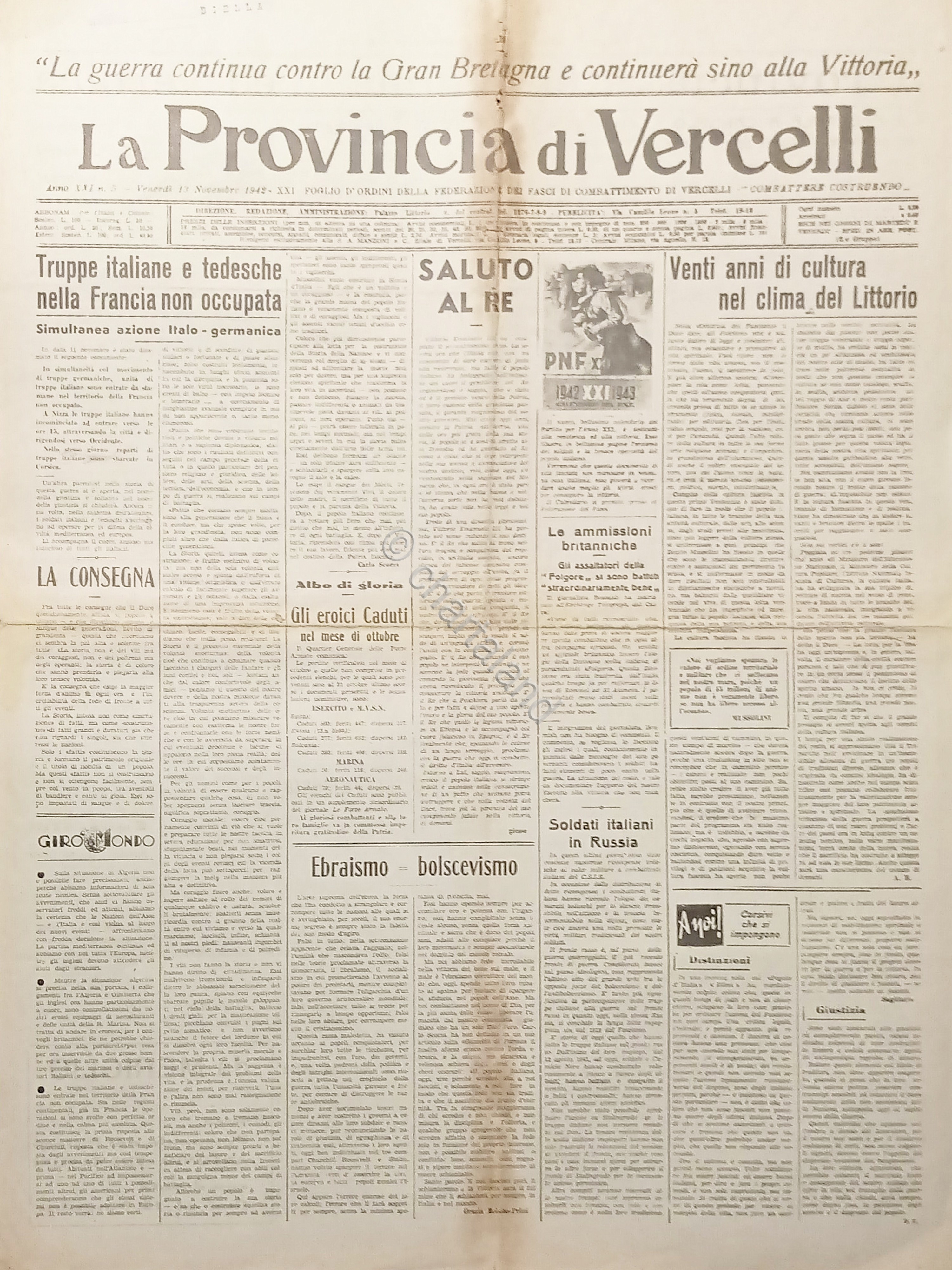 Foglio d'Ordini Fasci - La Provincia di Vercelli N. 5 …