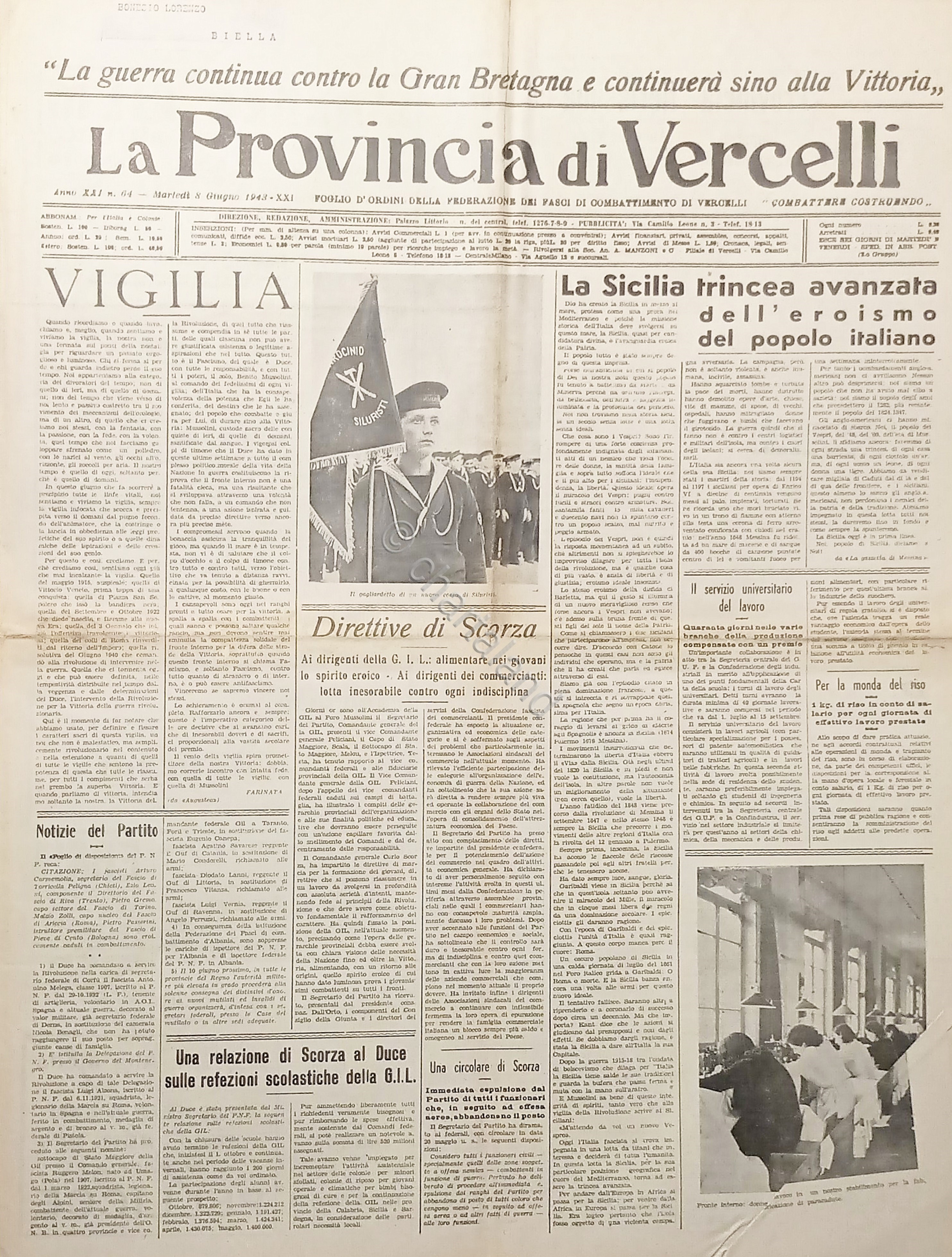 Foglio d'Ordini Fasci - La Provincia di Vercelli N. 64 …