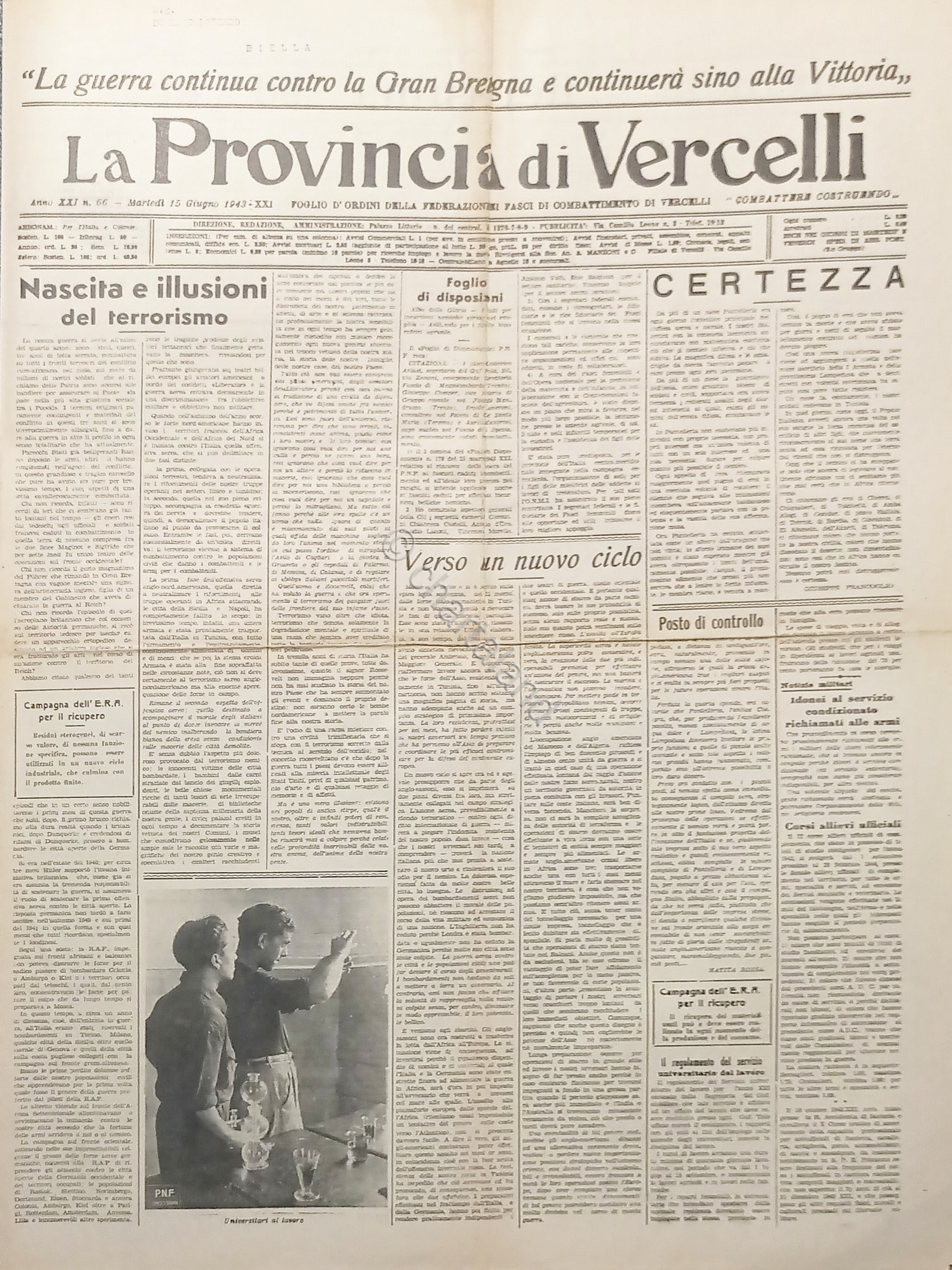 Foglio d'Ordini Fasci - La Provincia di Vercelli N. 66 …