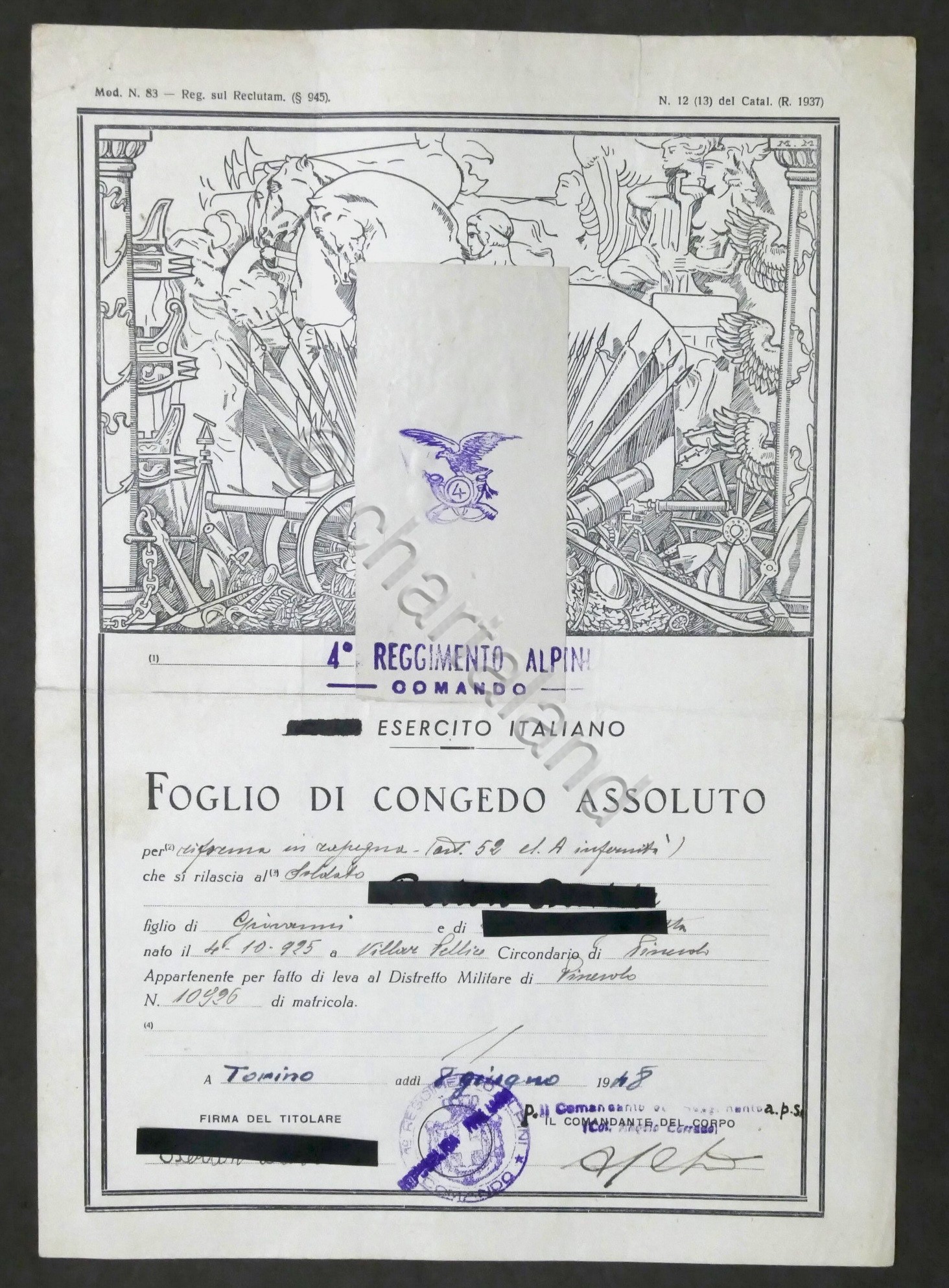 Foglio di Congedo assoluto - 4° Reggimento Alpini - Villar …
