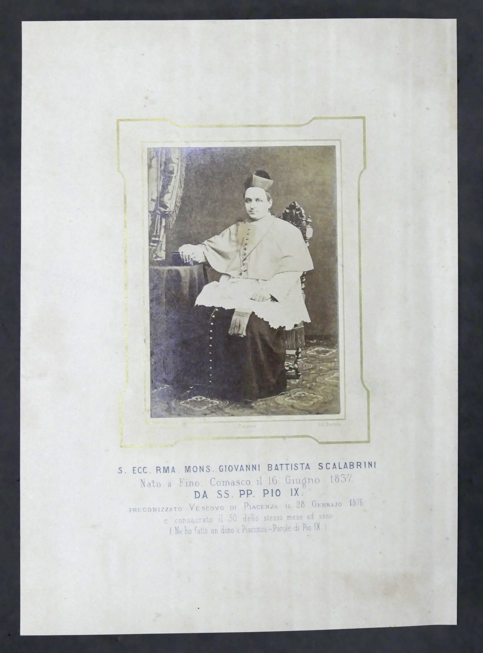 Fotografia albumina Giovanni Battista Scalabrini Vescovo di Piacenza - fine …