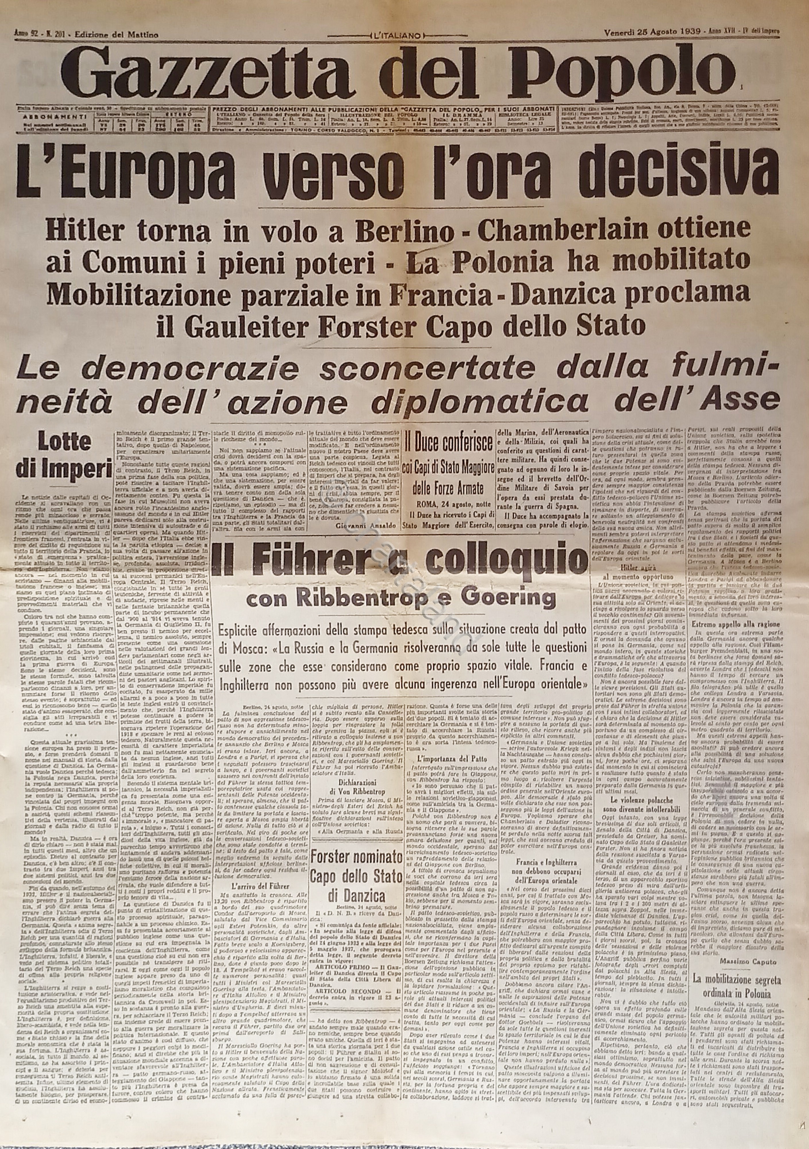 Gazzetta del Popolo N. 201 - 1939 L'Europa verso l'ora …