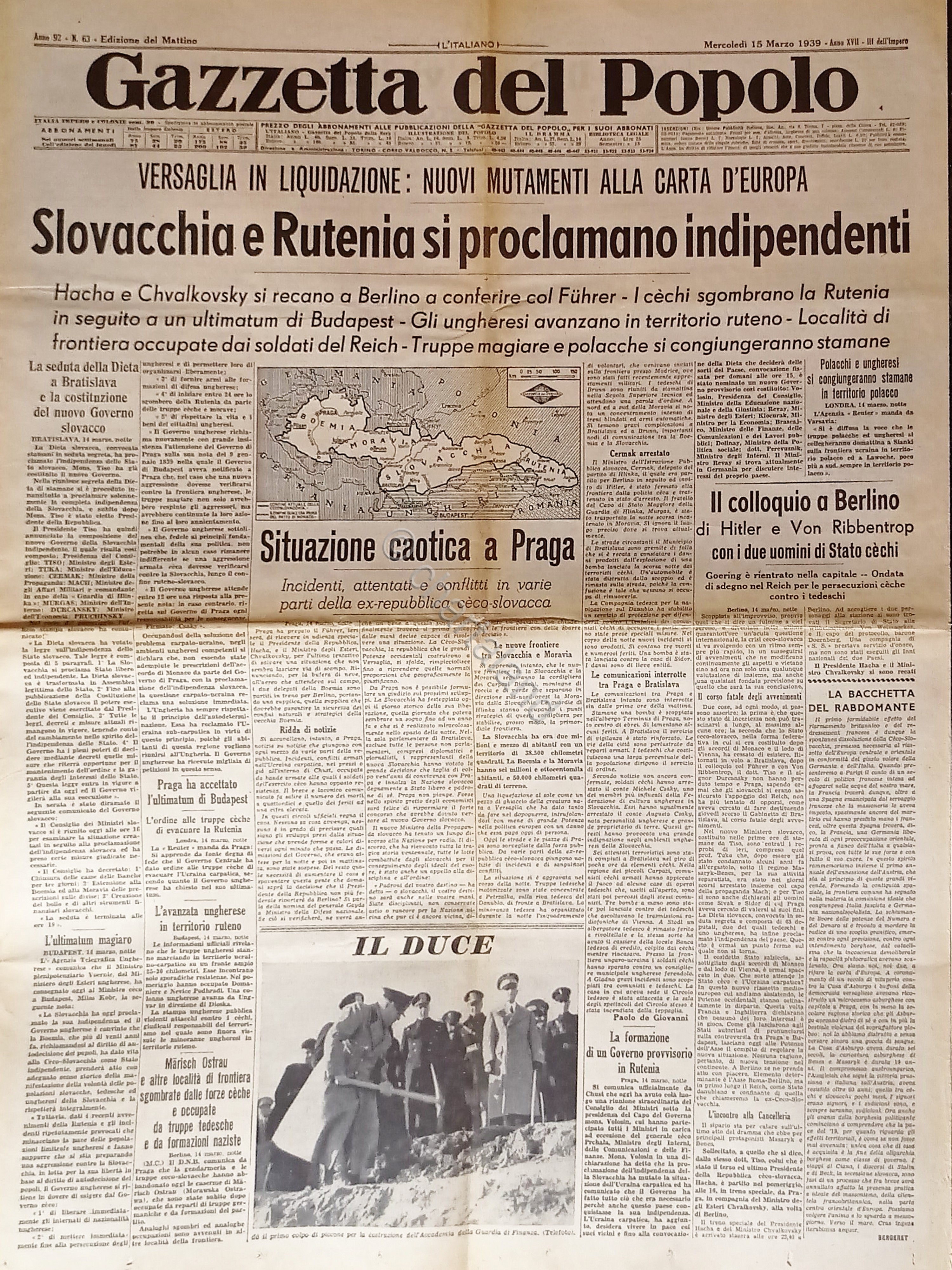 Gazzetta del Popolo N. 63 - 1939 Slovacchia e Rutenia …