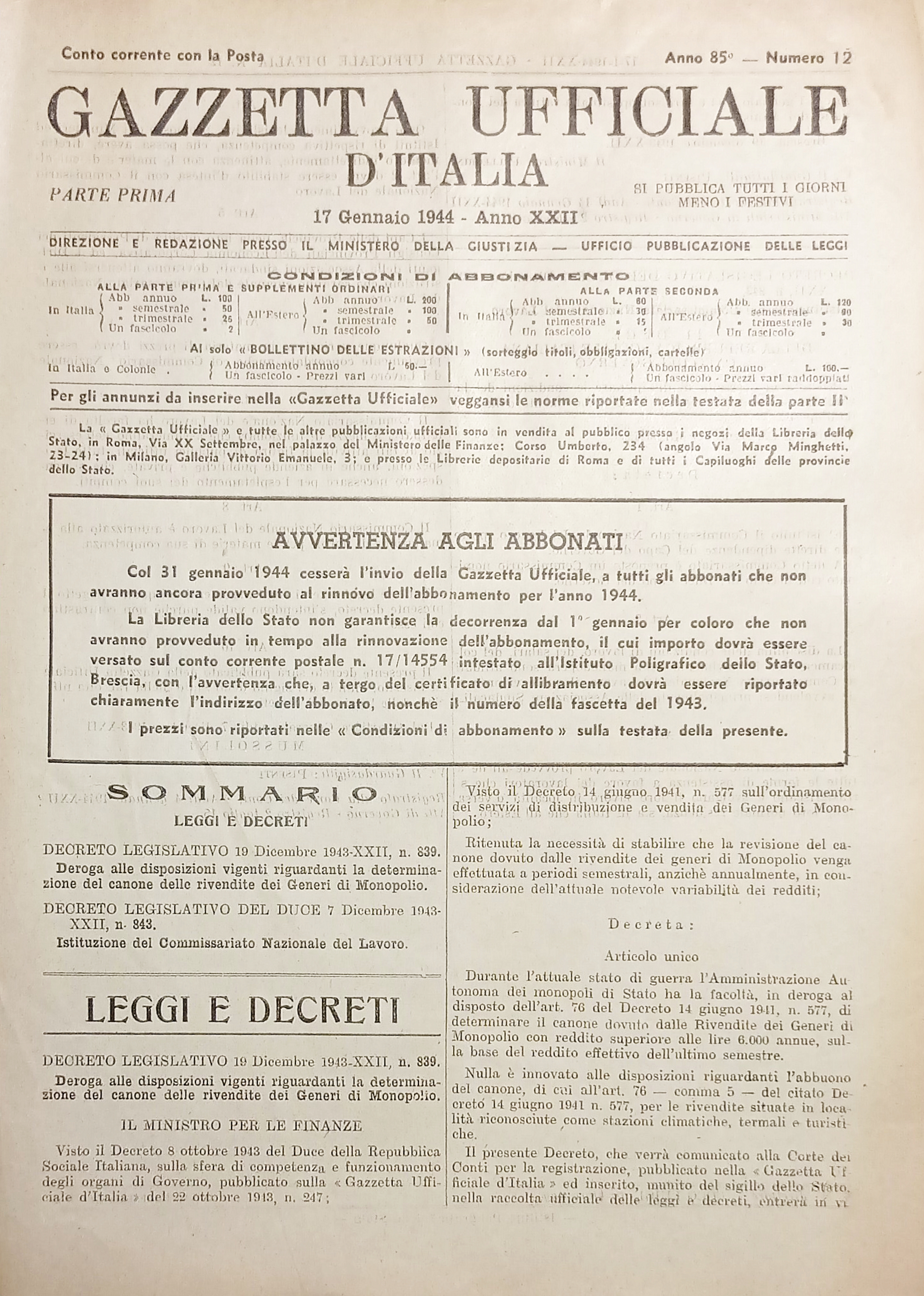 Gazzetta Ufficiale d'Italia N. 12 - 1944