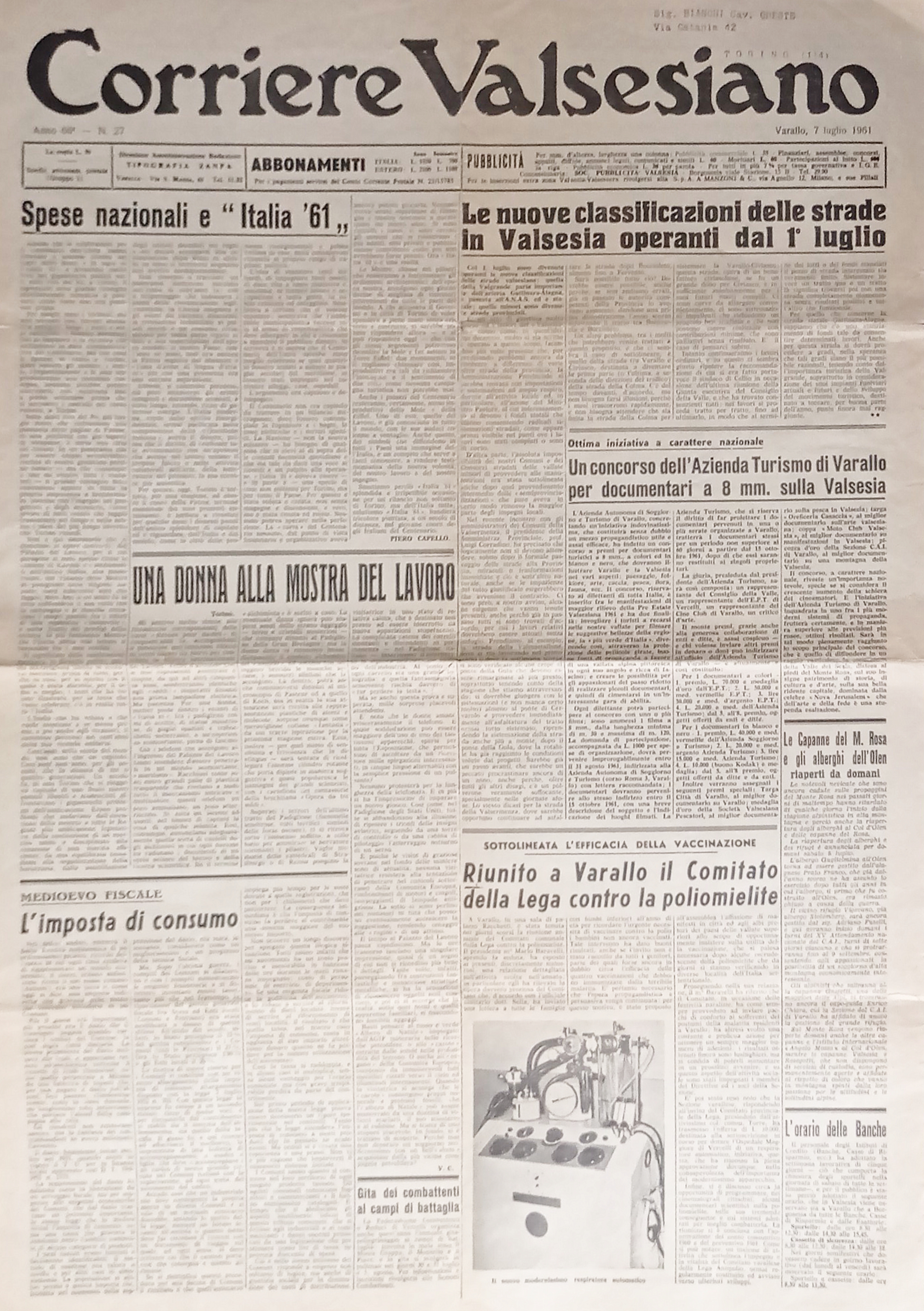 Giornale - Corriere Valsesiano N. 27 - 1961 Spese nazionali …