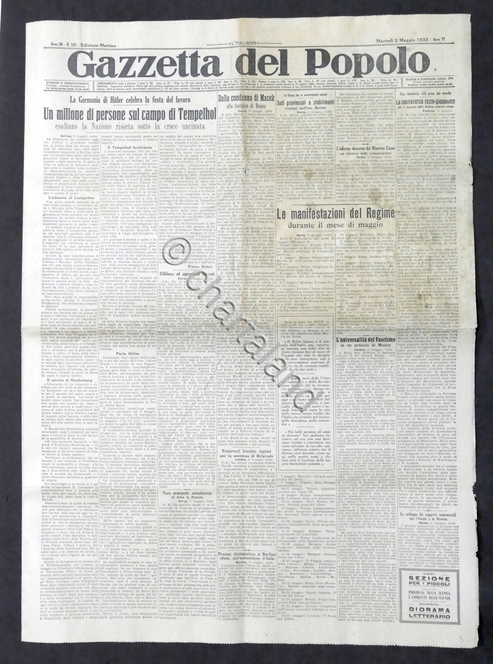 Giornale - Gazzetta del Popolo N. 103 - La manifestazioni …