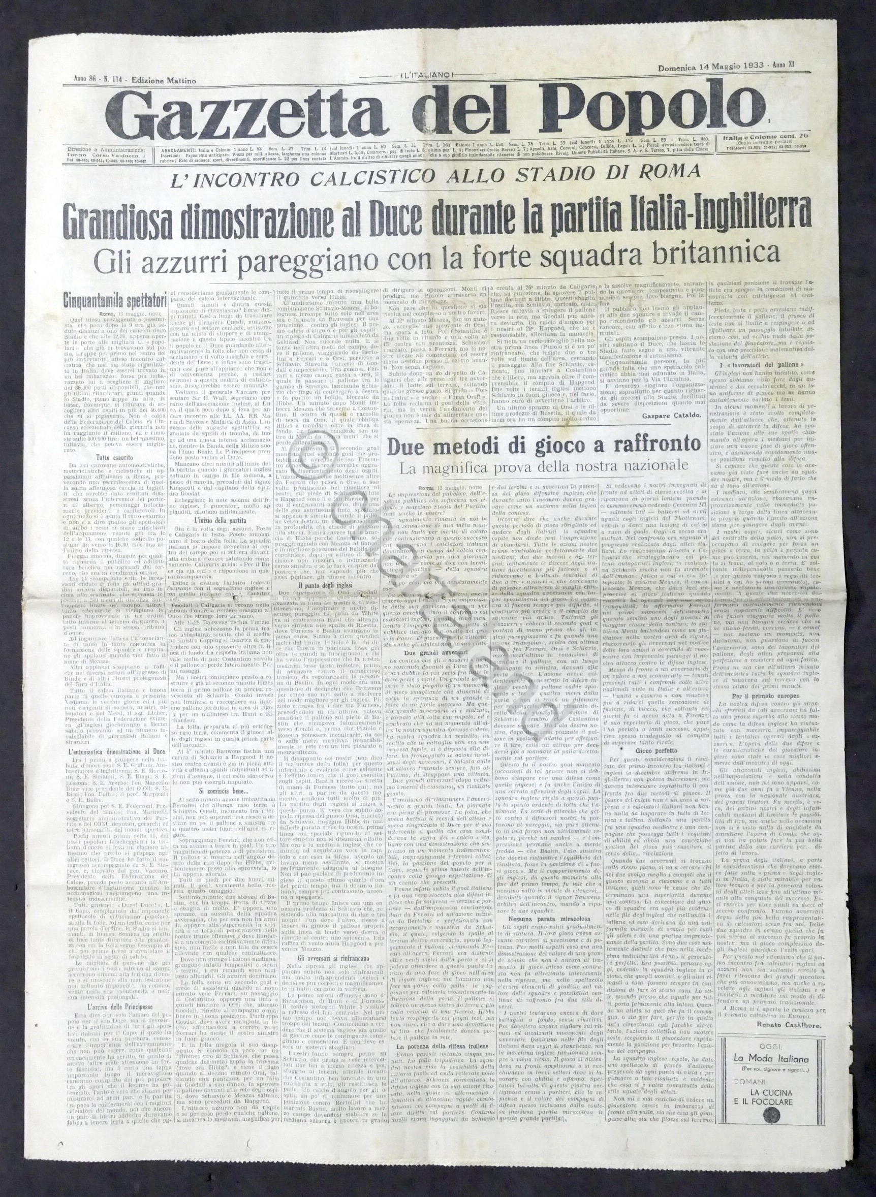 Giornale - Gazzetta del Popolo N. 114 Duce alla partita …