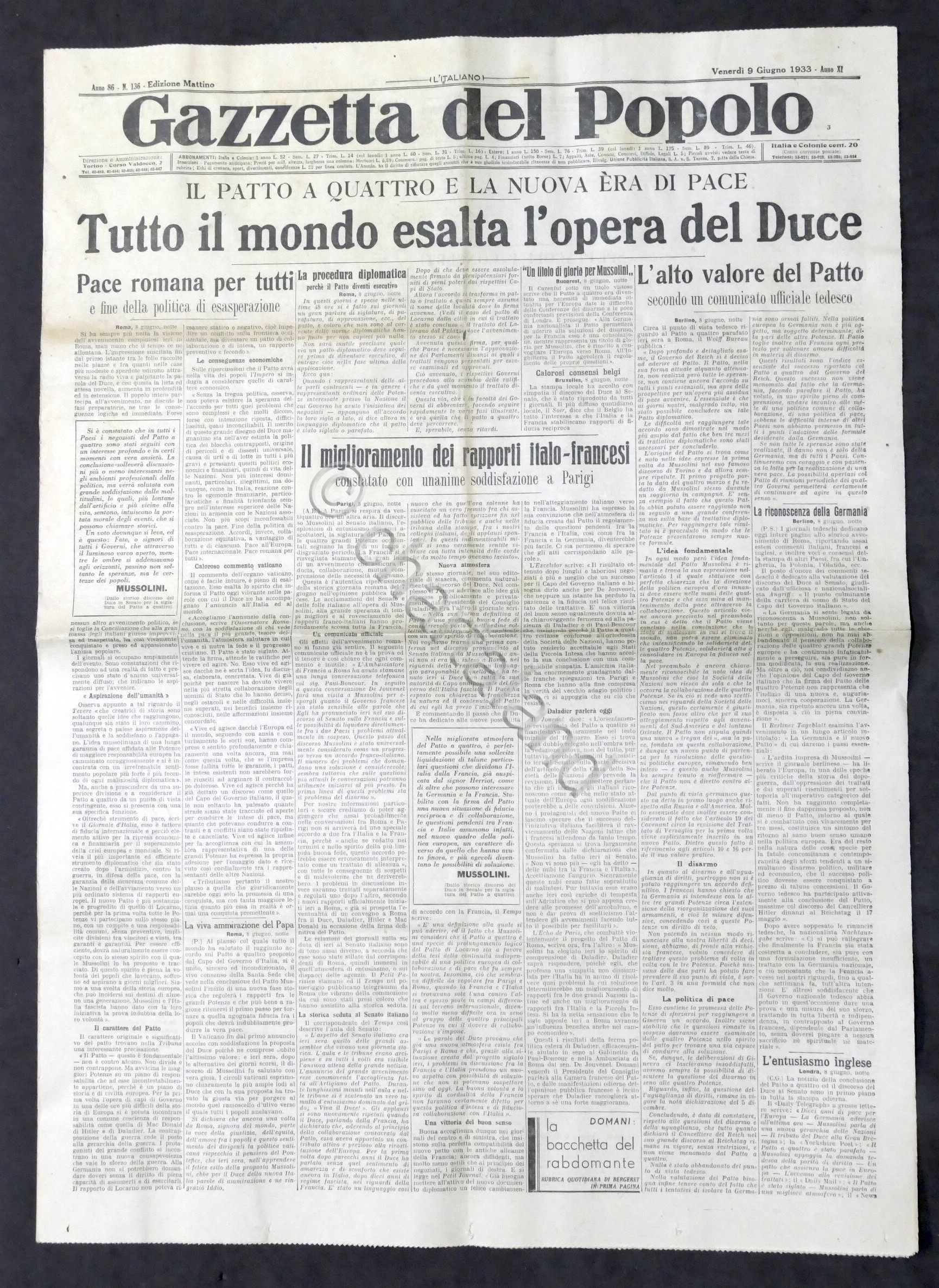 Giornale - Gazzetta del Popolo N. 136 Patto a Quattro …