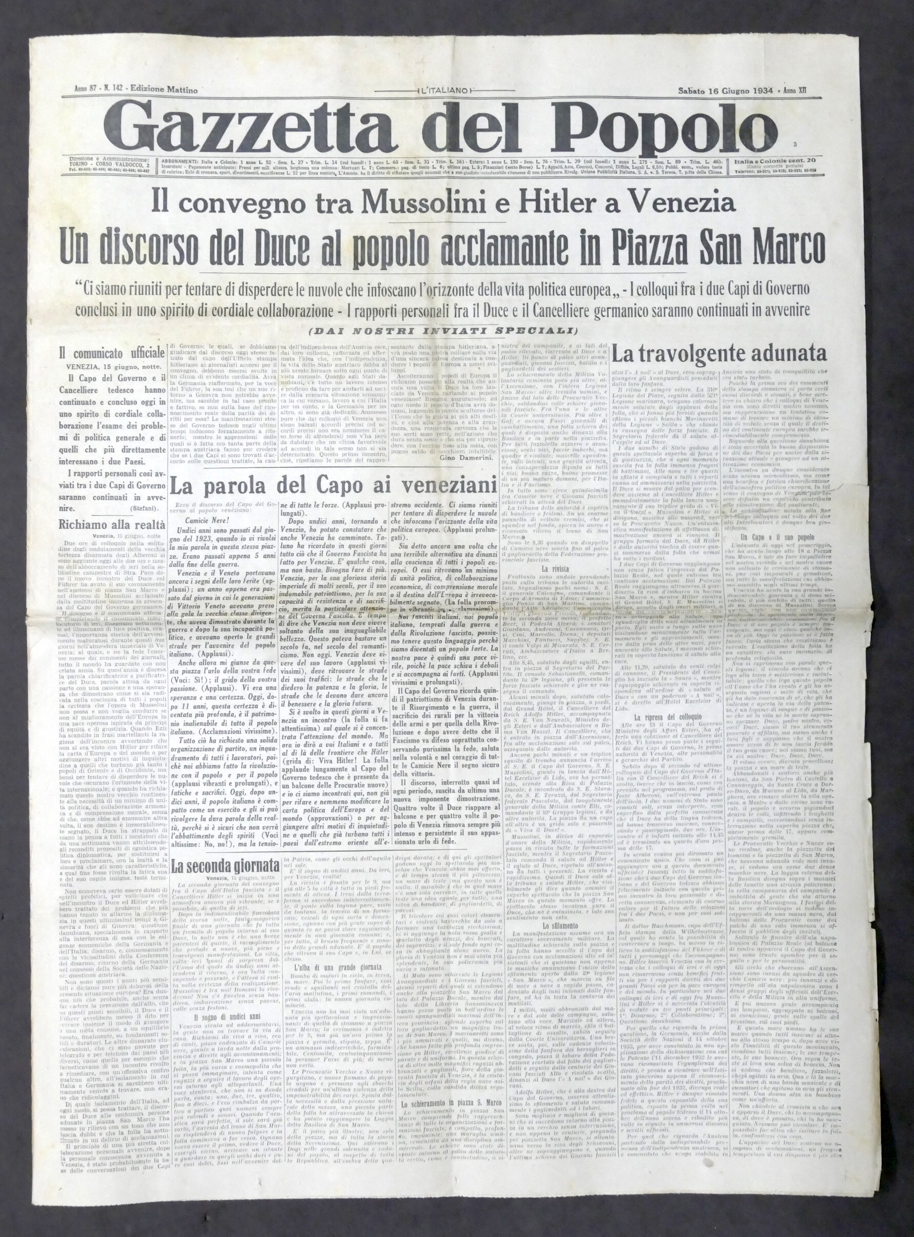 Giornale - Gazzetta del Popolo N. 142 Convegno Mussolini e …