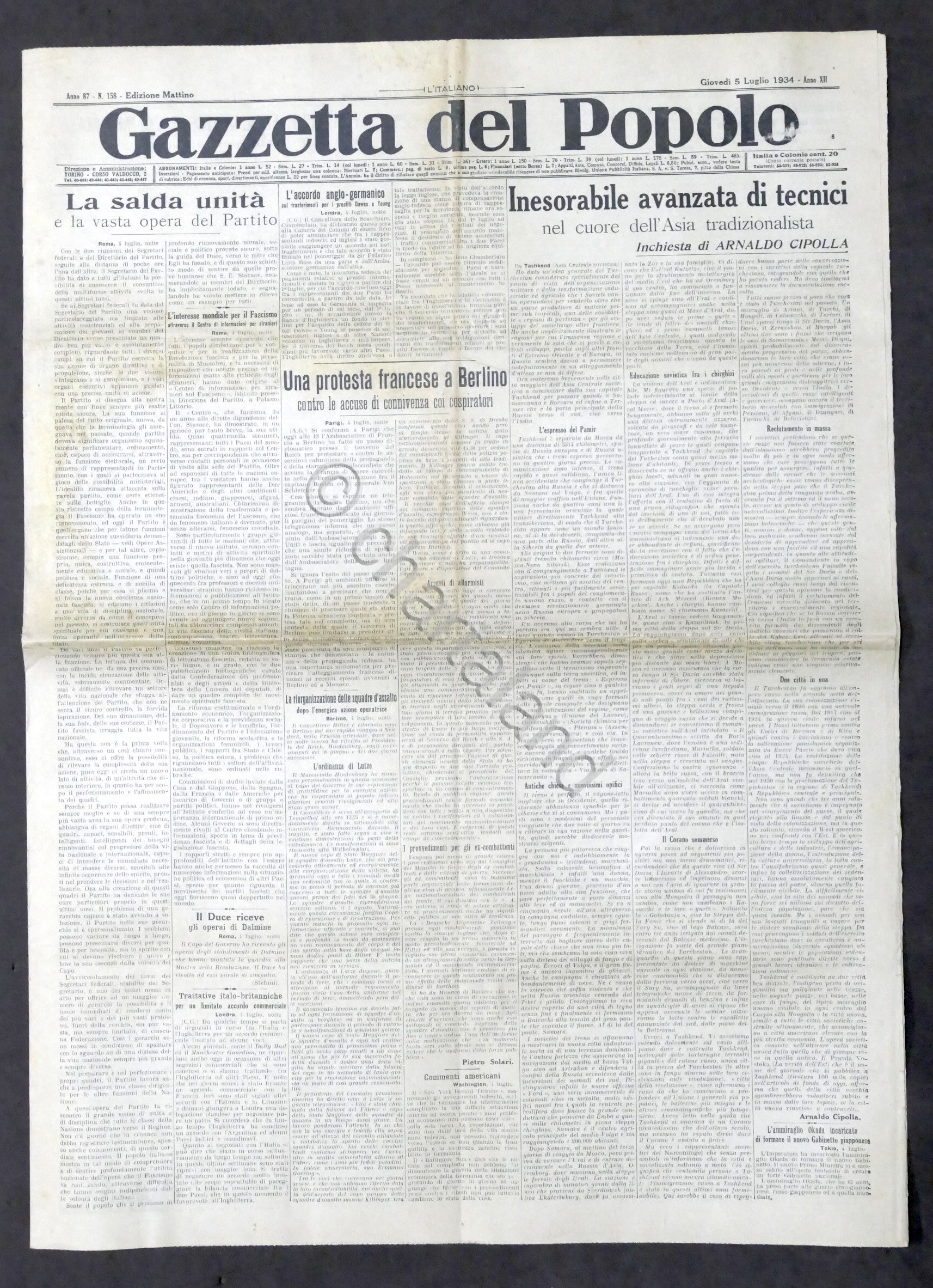 Giornale - Gazzetta del Popolo N. 158 - Una protesta …