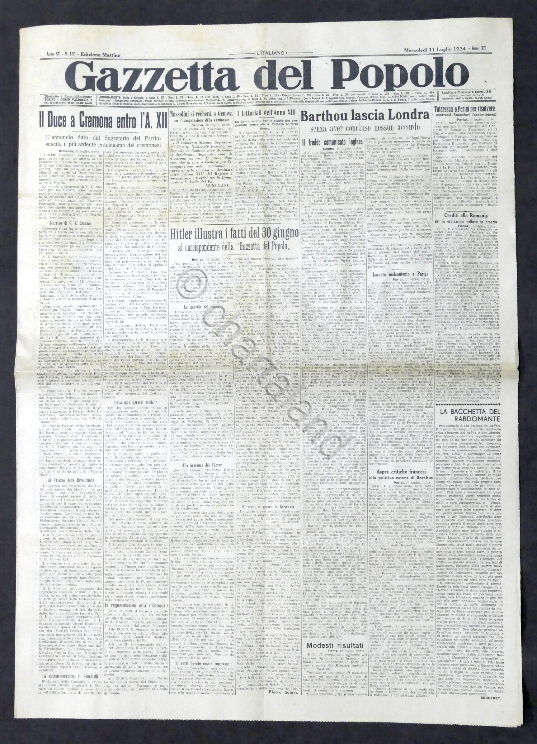 Giornale - Gazzetta del Popolo N. 163 - Duce a …