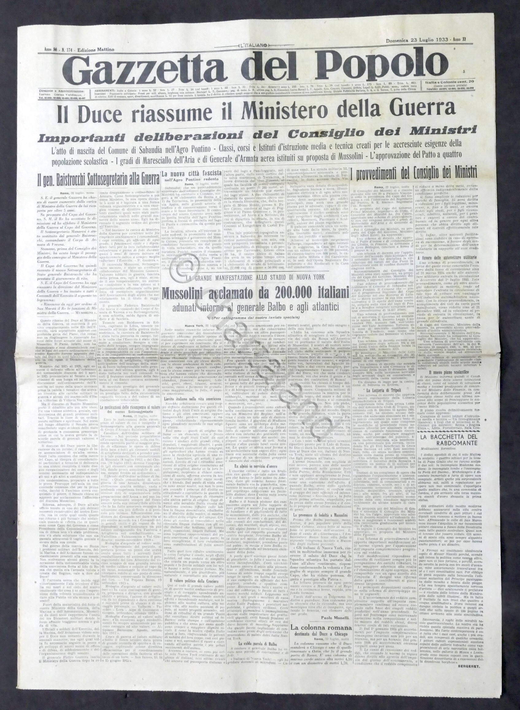 Giornale - Gazzetta del Popolo N. 174 Duce riassume Ministero …