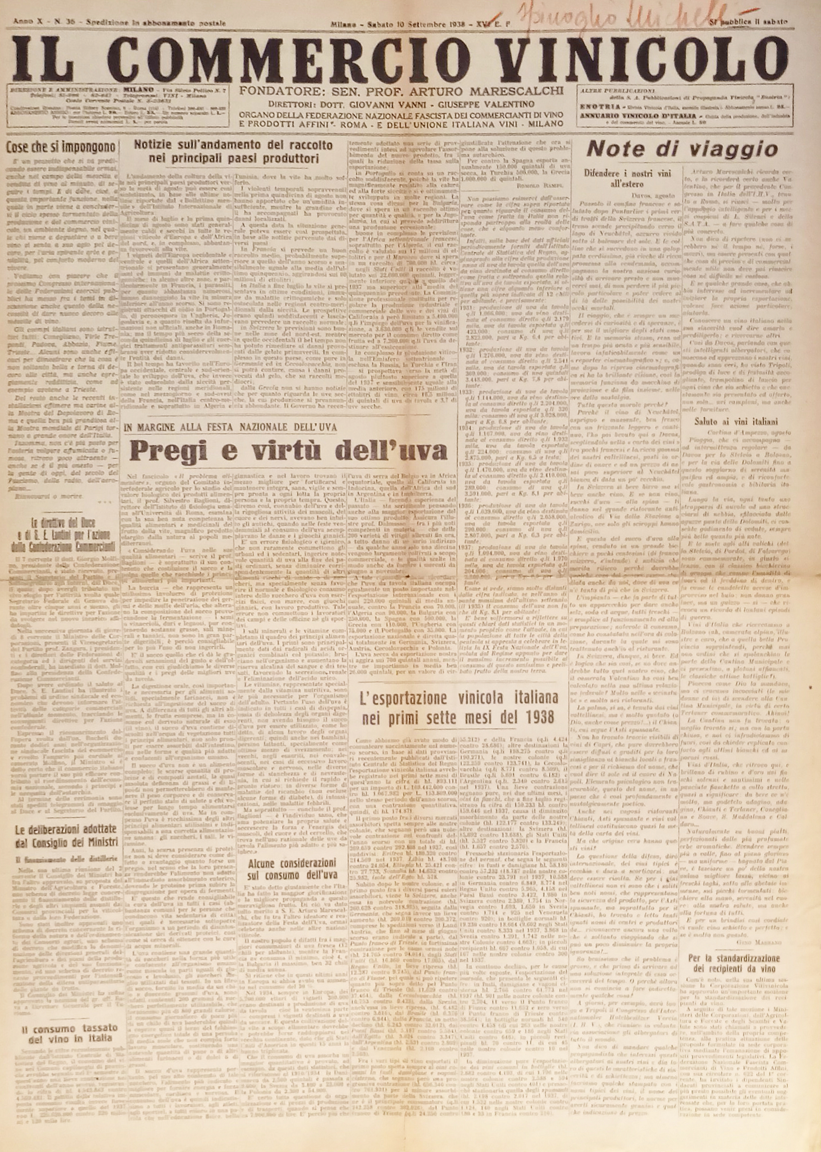 Giornale - Il Commercio Vinicolo N. 36 - 1938 Pregi …