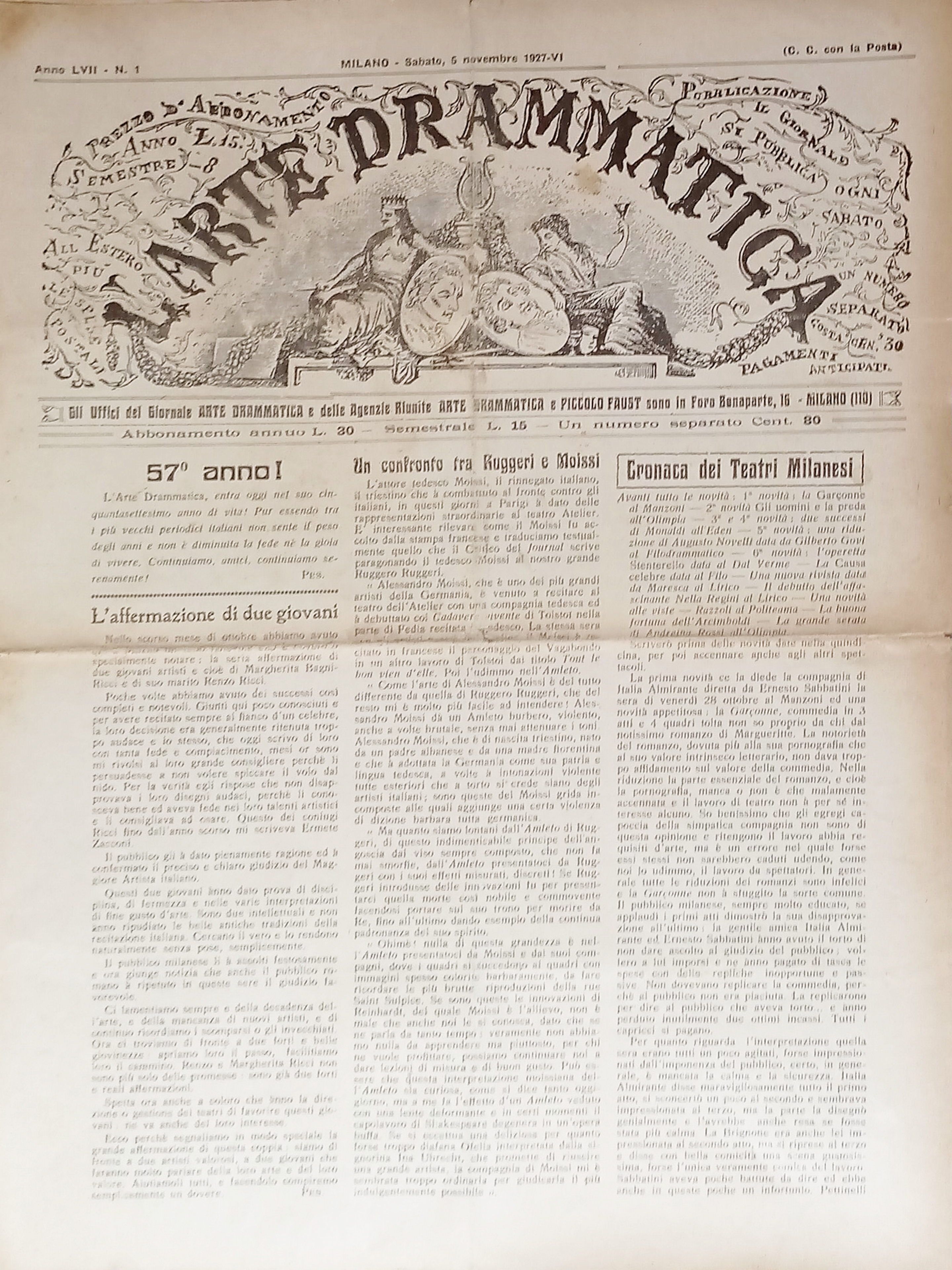 Giornale - L'Arte Drammatica N. 1 - 1927 Un confronto …