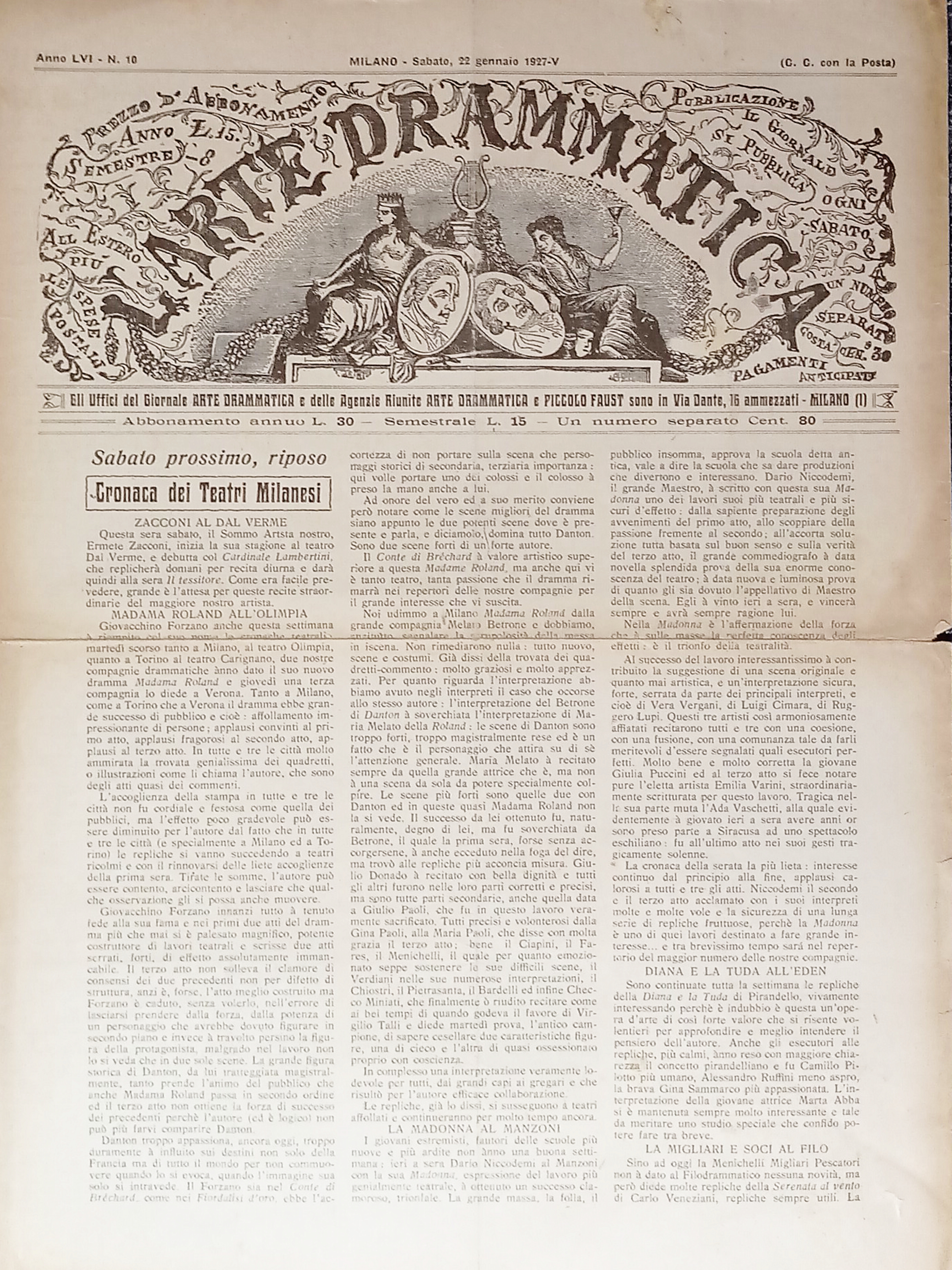 Giornale - L'Arte Drammatica N. 10 - 1927 Cronaca dei …