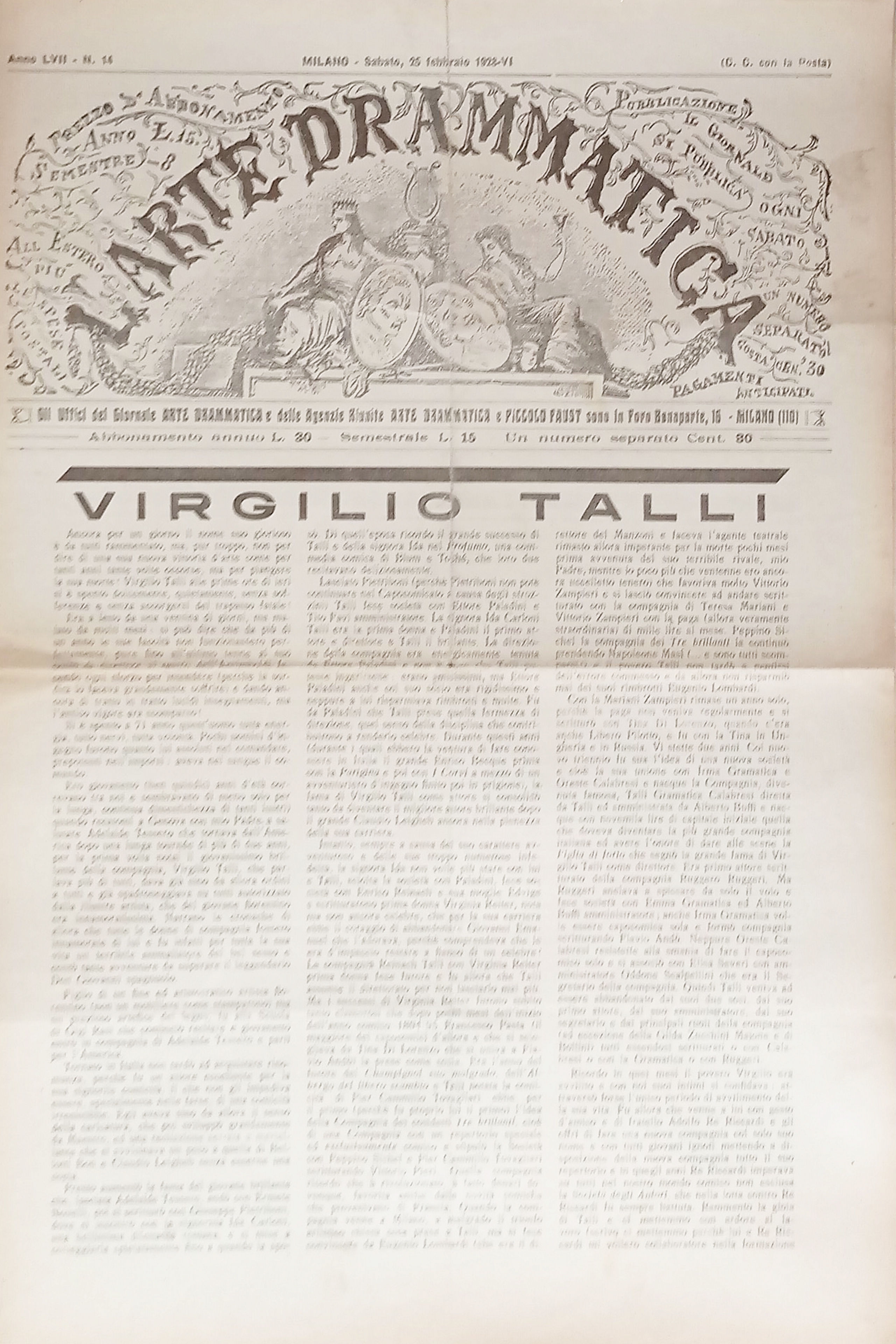 Giornale - L'Arte Drammatica N. 14 - 1928 Virgilio Talli
