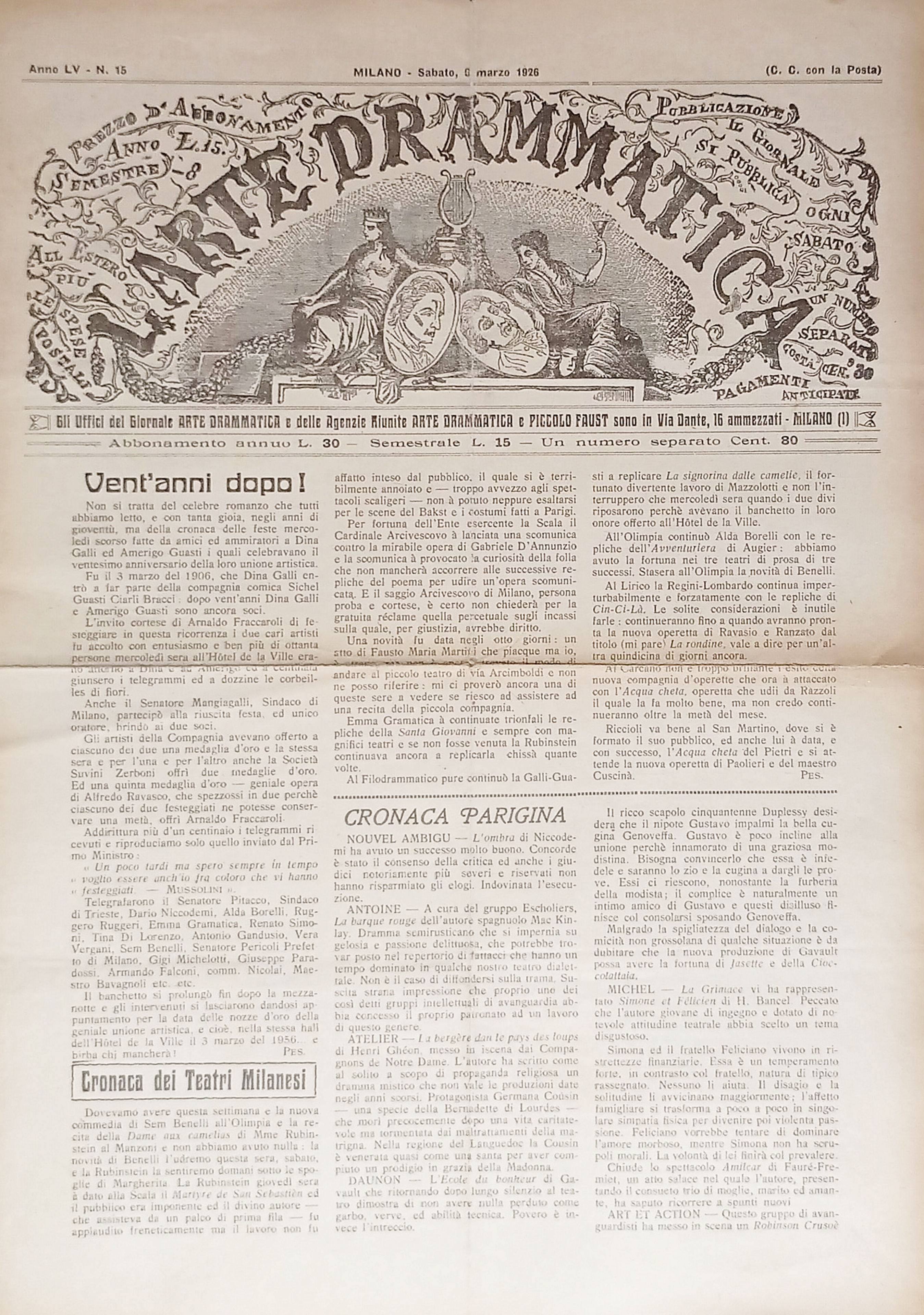 Giornale - L'Arte Drammatica N. 15 - 1926 Cronaca dei …