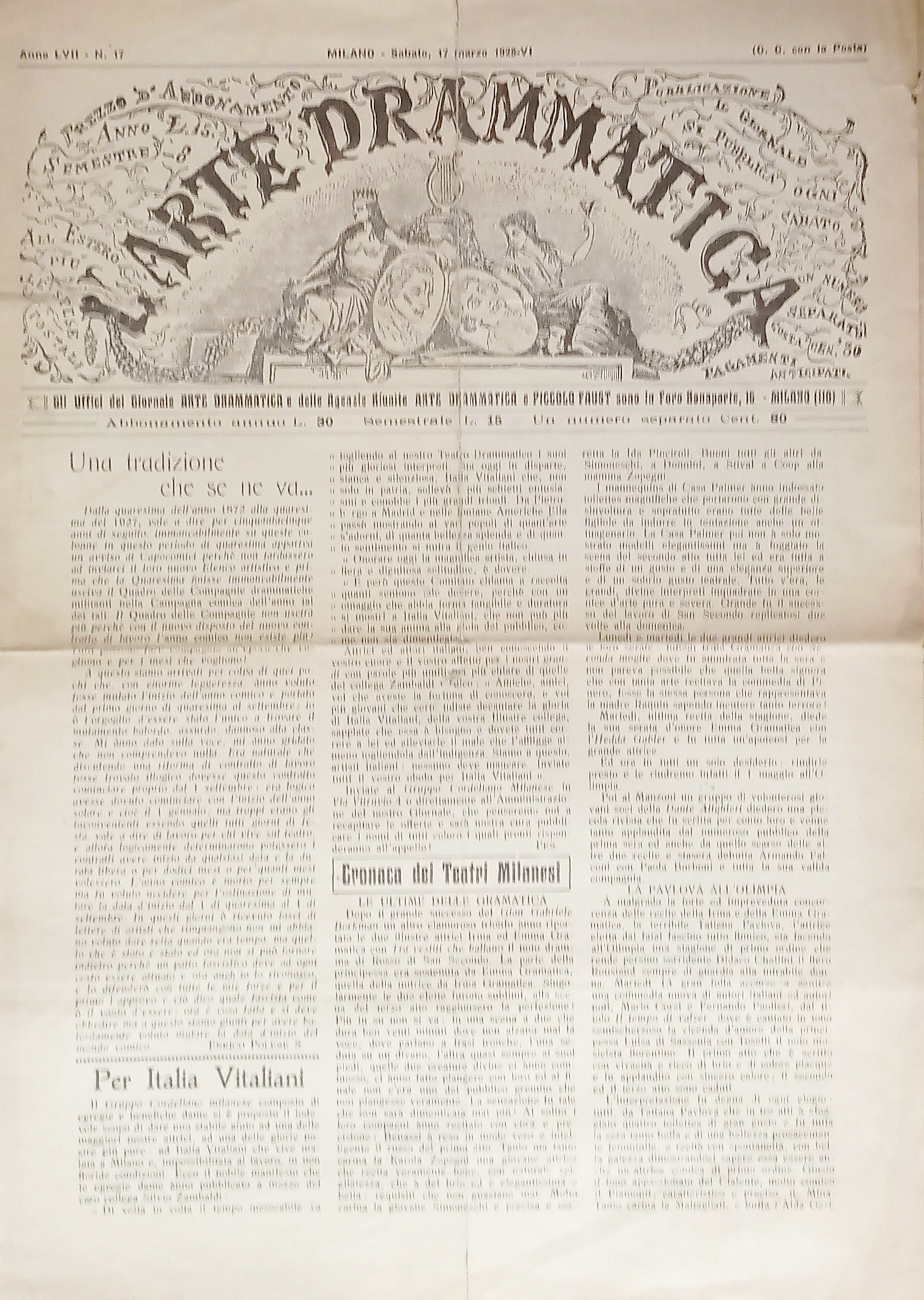 Giornale - L'Arte Drammatica N. 17 - 1928 Per Italia …